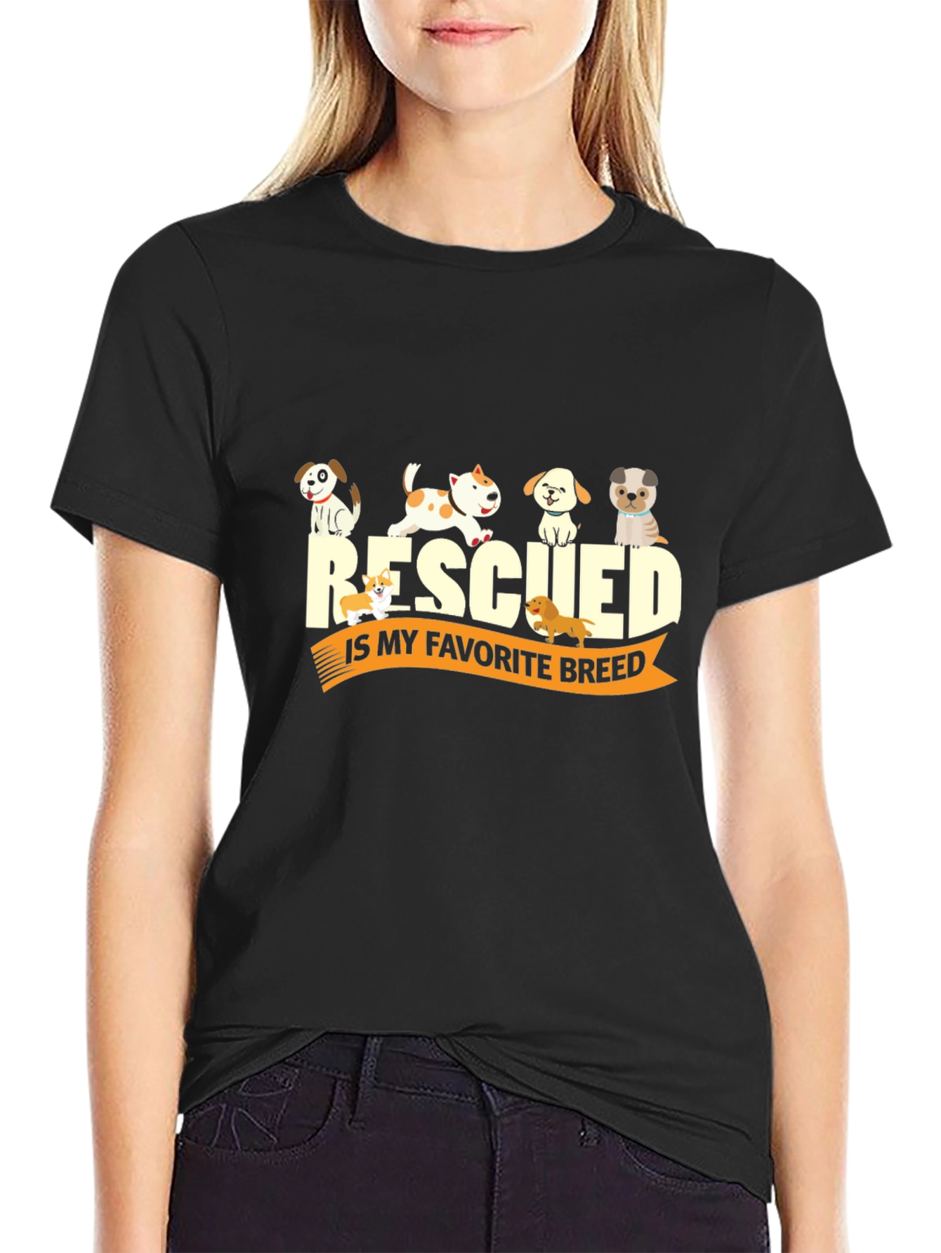 Black Rescued Is My Favorite Breed Black T-Shirt view 2