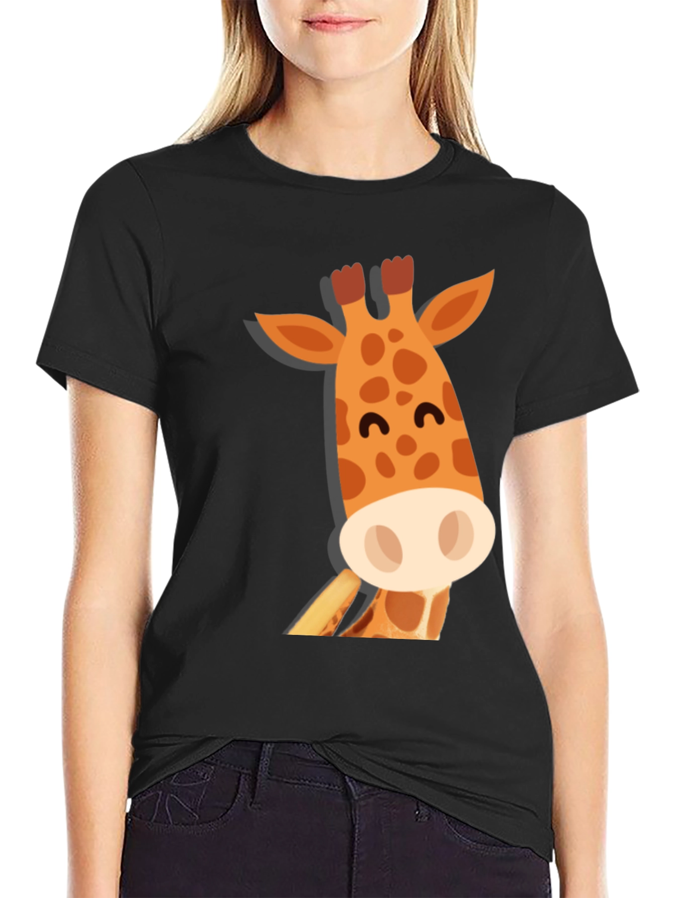 Black Cute Giraffe Graphic Tee - Black Cotton T-Shirt view 2