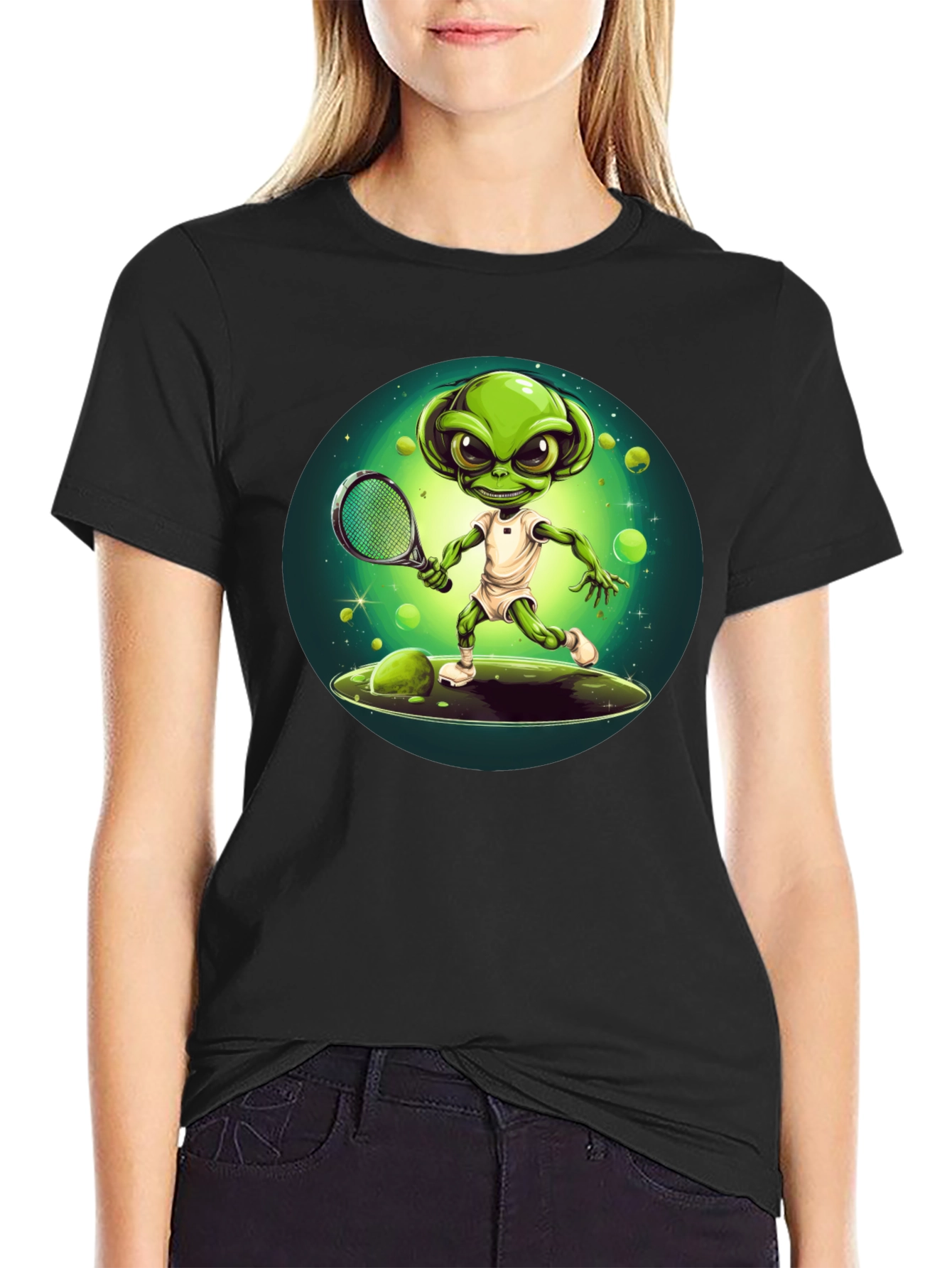 Black Alien Tennis Player T-Shirt - Funny Graphic Tee view 2