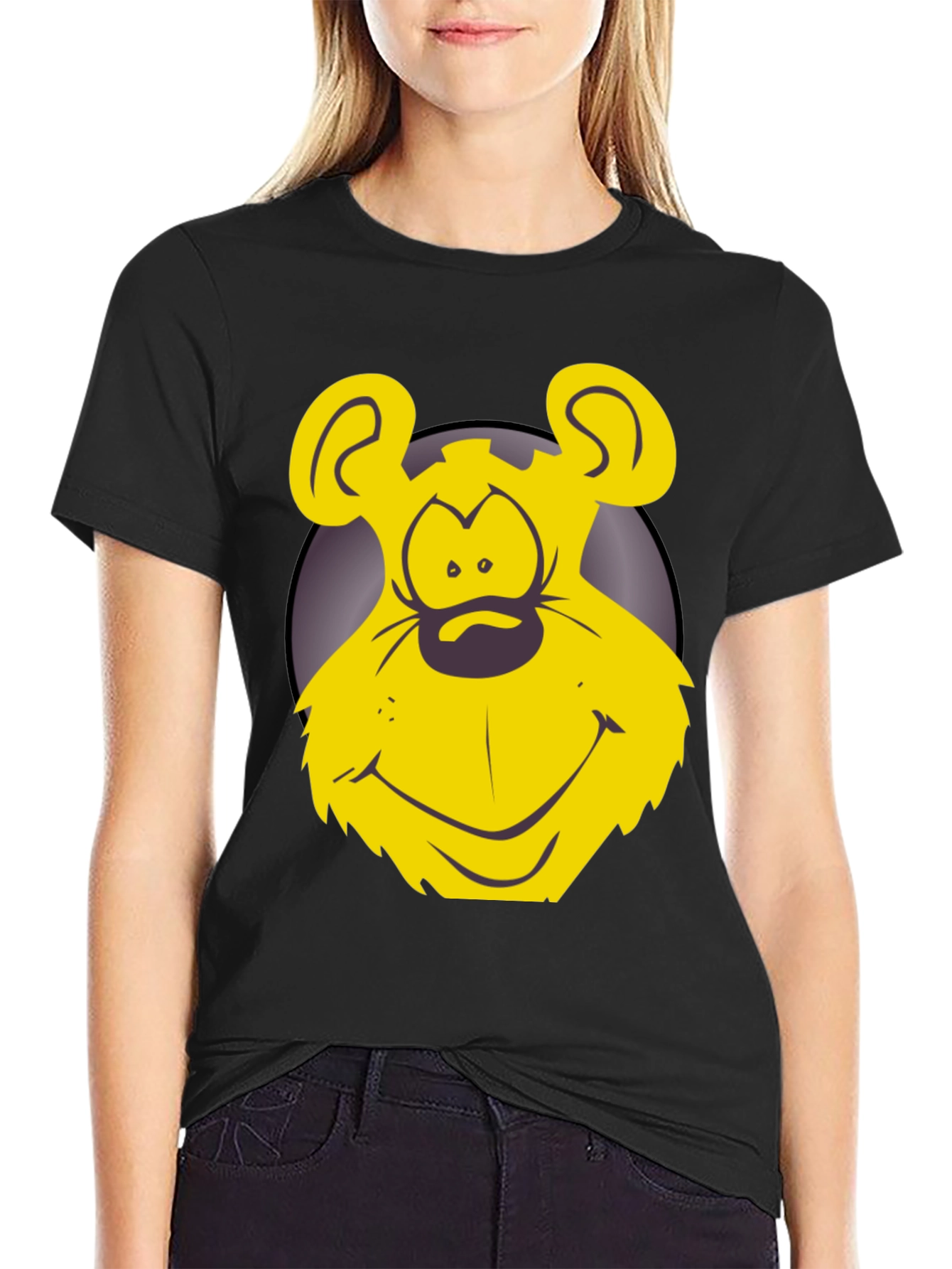 Black Funny Yellow Cartoon Bear Graphic T-Shirt view 2