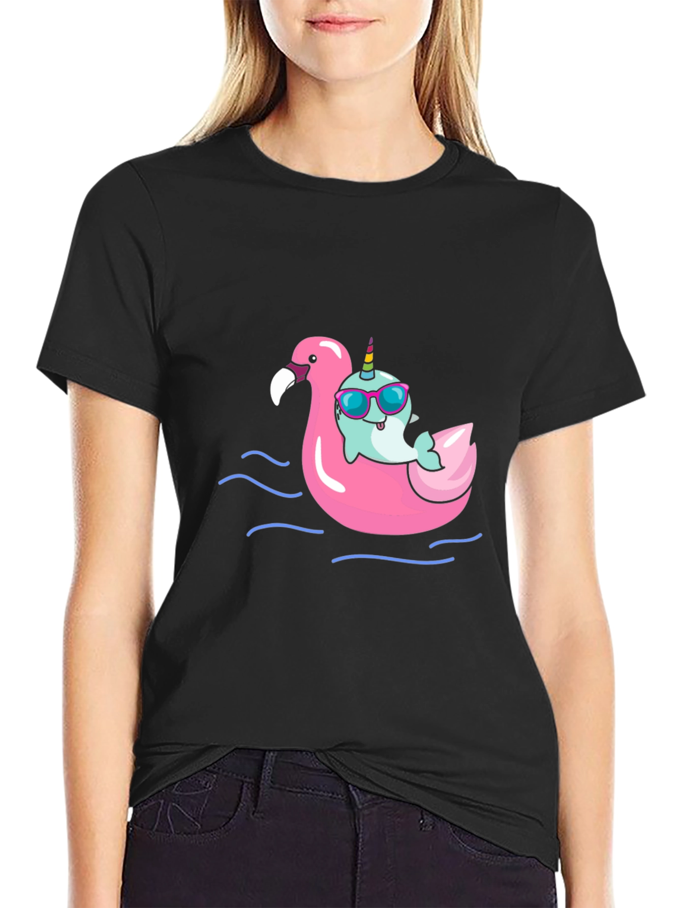 Black Narwhal on Flamingo Float Black T-Shirt view 2