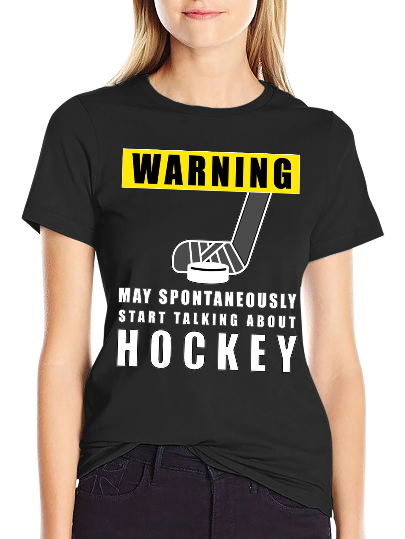 Black Warning Hockey T-Shirt - May Spontaneously Talk About Hockey view 2