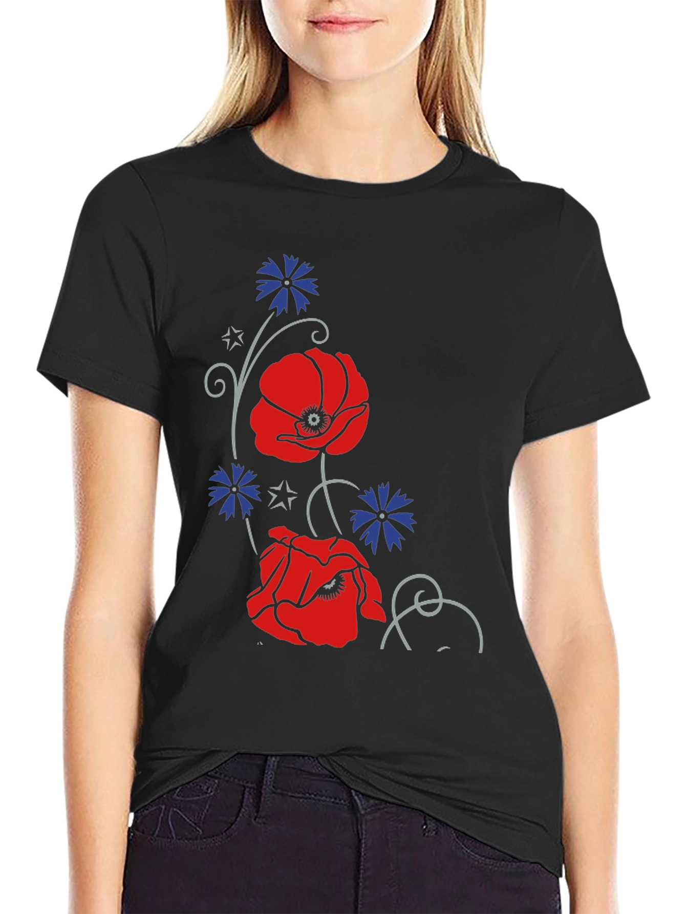 Black Floral Poppy & Cornflower Print Black T-Shirt view 2