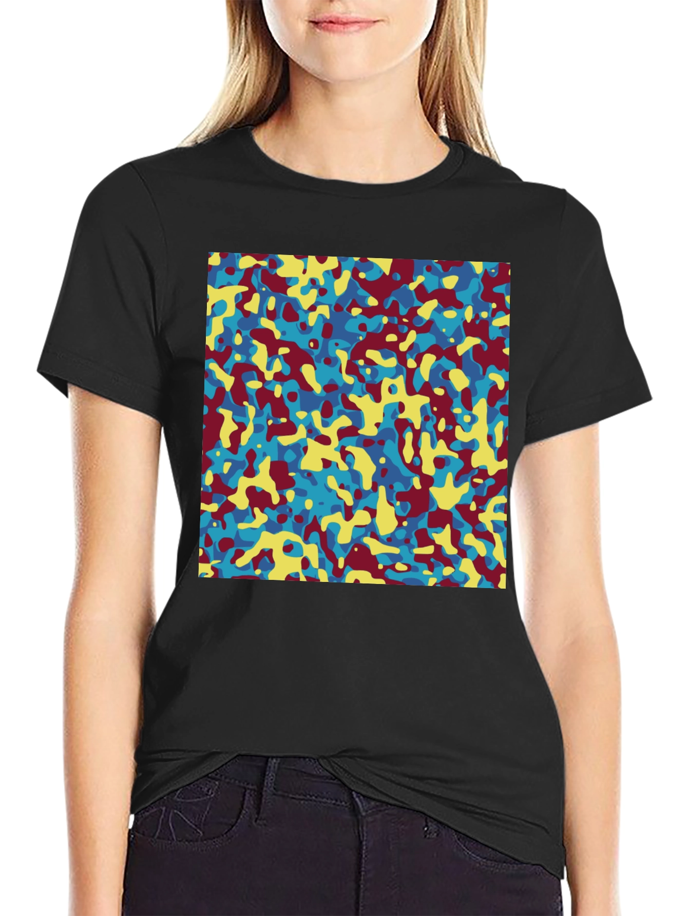 Black Abstract Camo Print Crew Neck T-Shirt view 2