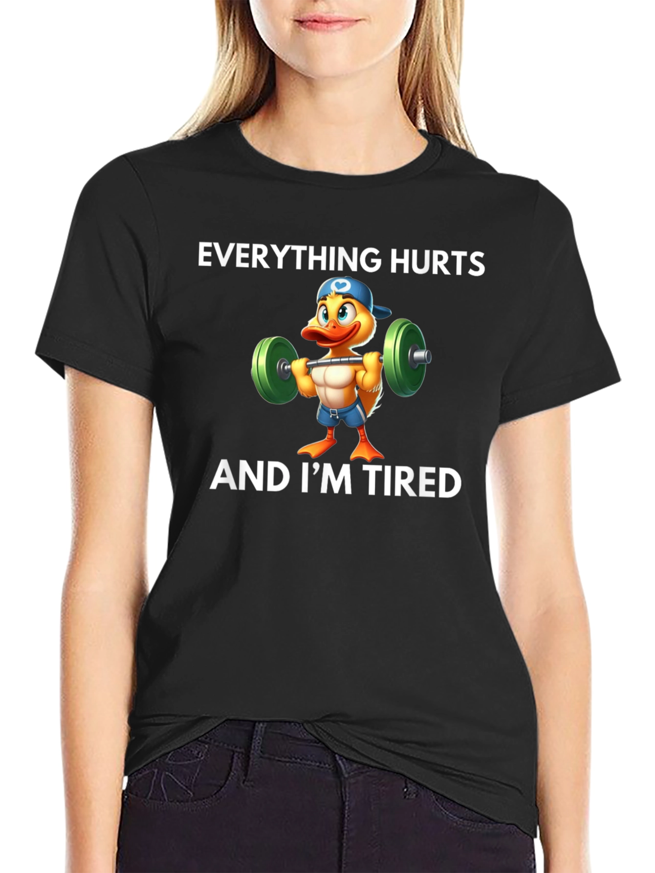 Black Everything Hurts Tired Duck T-Shirt view 2