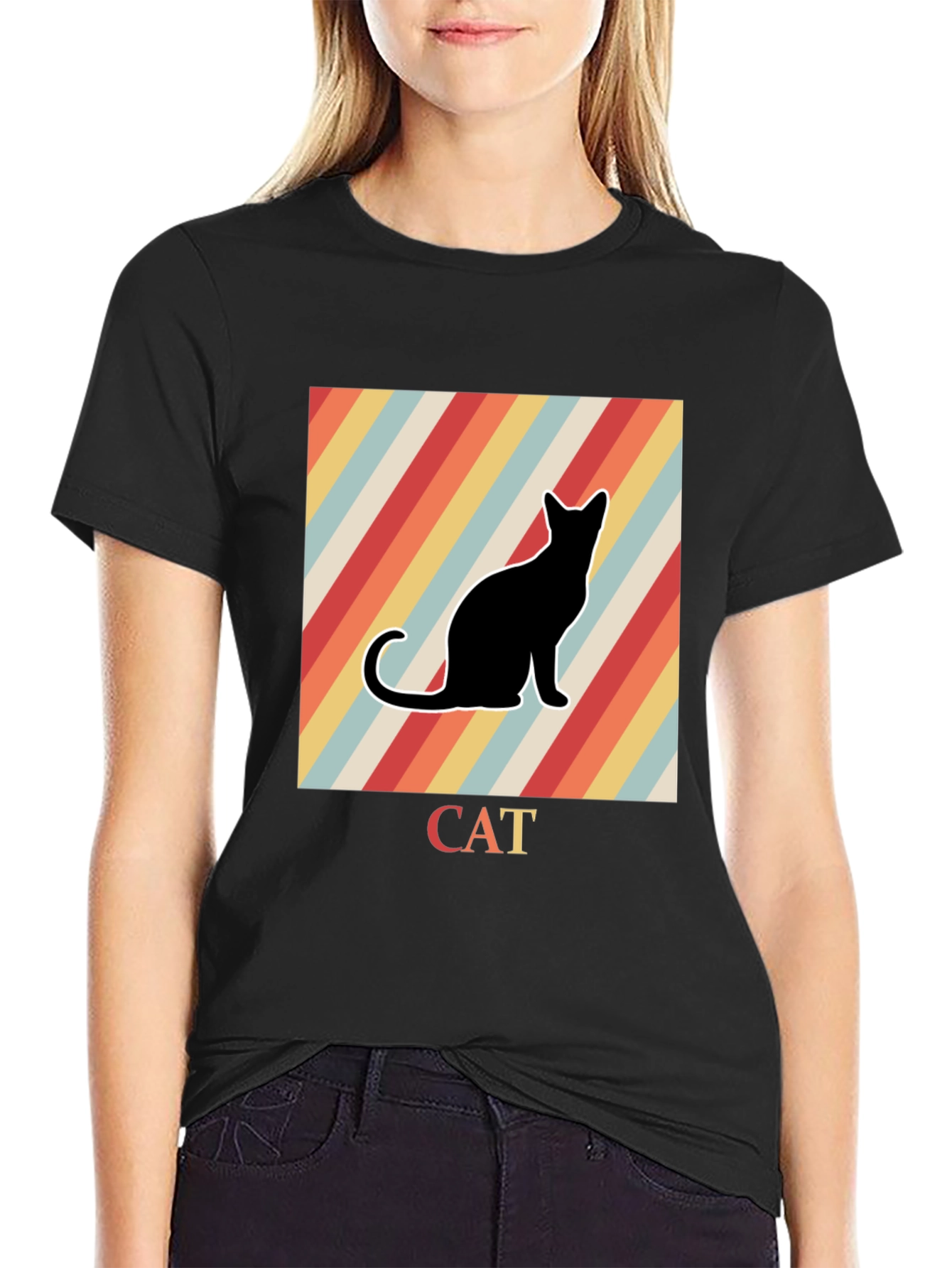 Black Retro Cat Graphic T-Shirt - Black view 2