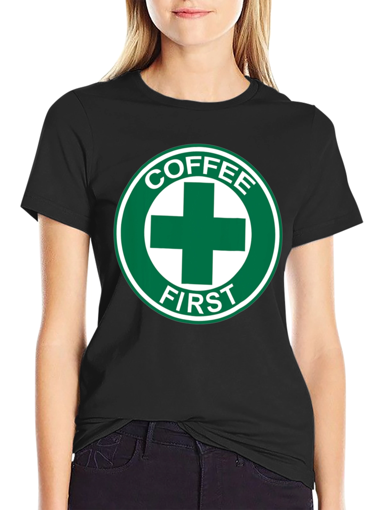 Black Coffee First T-Shirt - Green Cross Design view 2