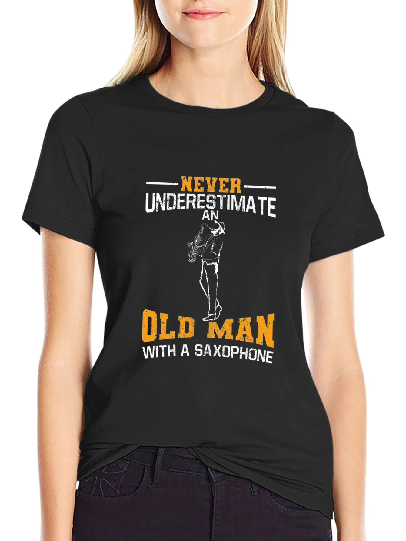Black Never Underestimate Old Man with Saxophone T-Shirt view 2