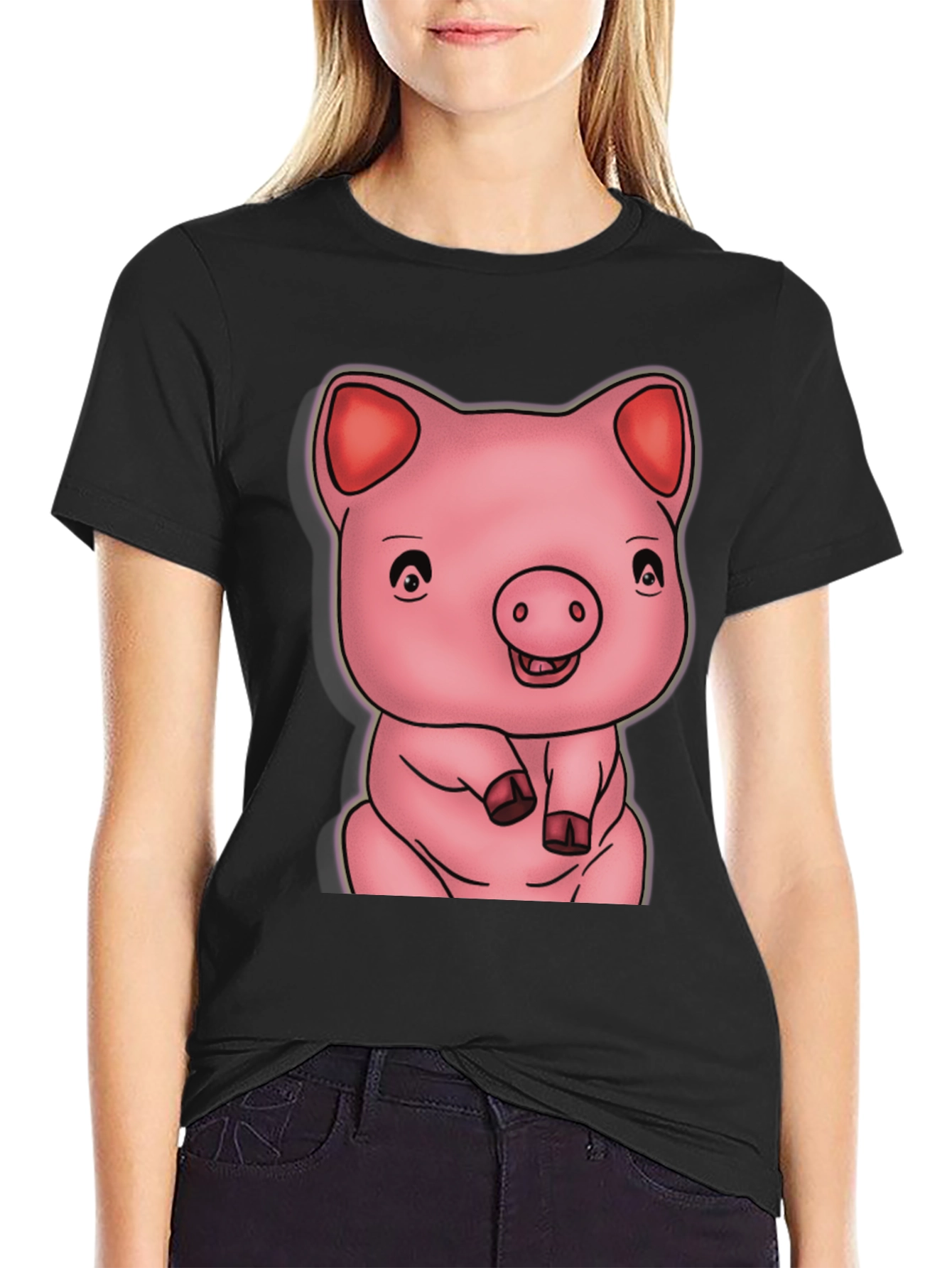 Black Cute Pig Graphic Black T-Shirt view 2