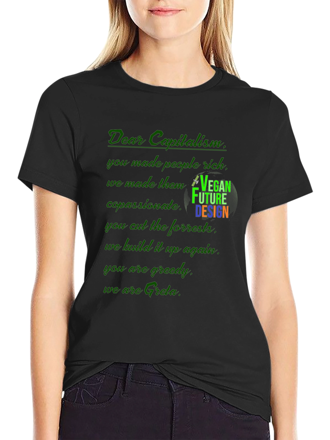 Black Vegan Future Design T-Shirt: Dear Capitalism Slogan Tee view 2