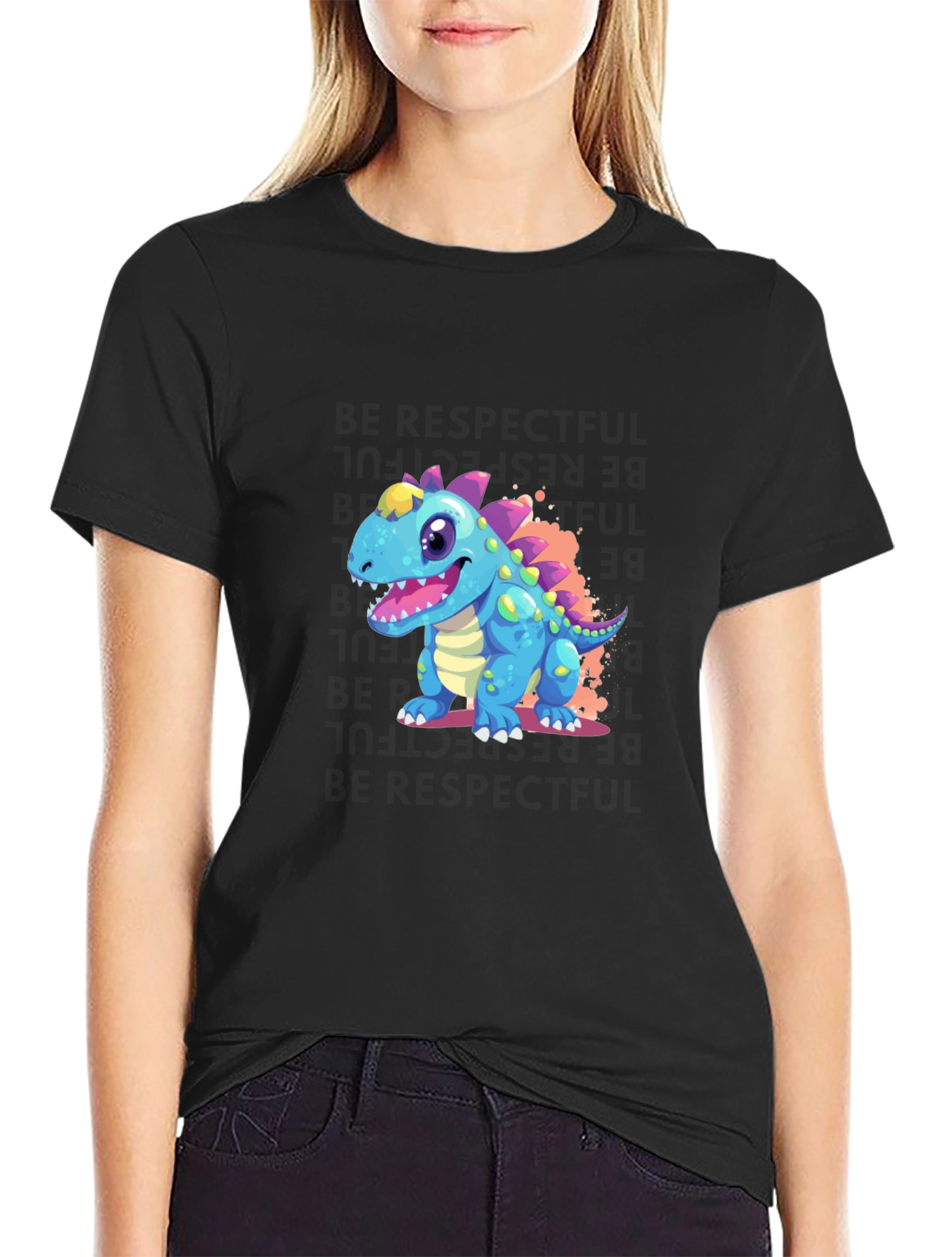 Black Cartoon Dinosaur Graphic Tee - Fun & Unique! view 2
