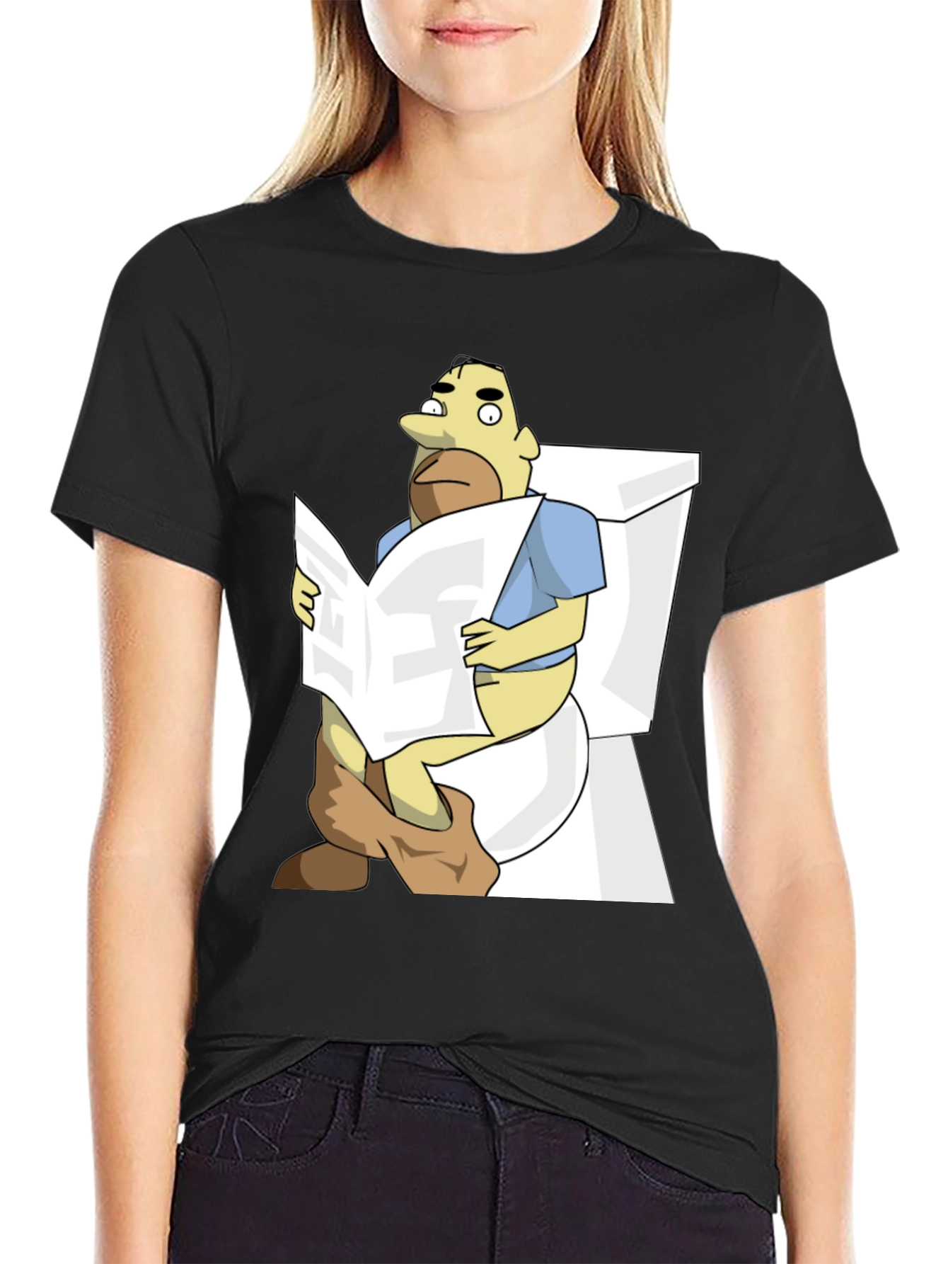 Black Humorous Cartoon Man on Toilet T-Shirt view 2