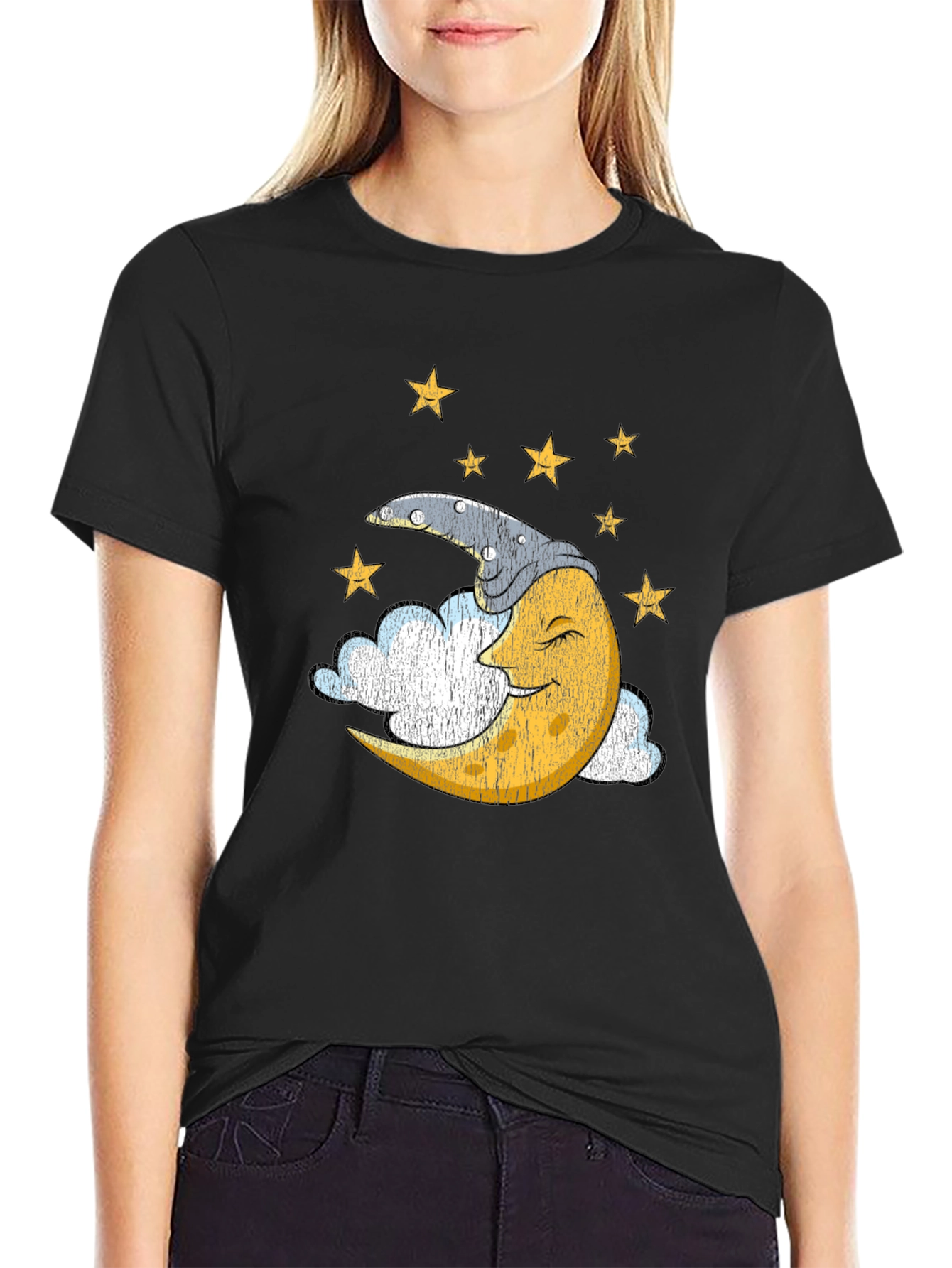 Black Sleepy Moon Graphic T-Shirt - Dreamy Celestial Design view 2