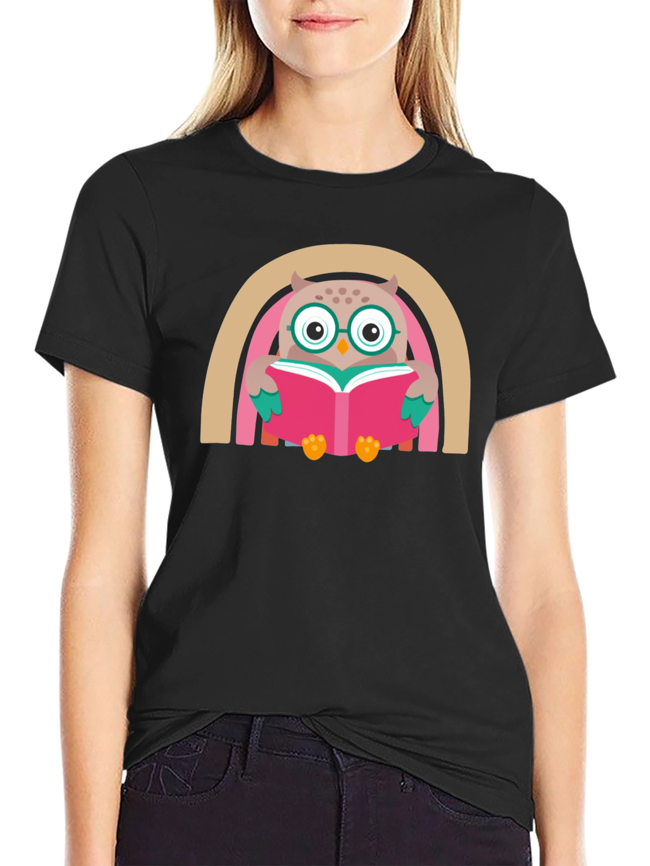 Black Owl Reading Book Graphic T-Shirt view 2