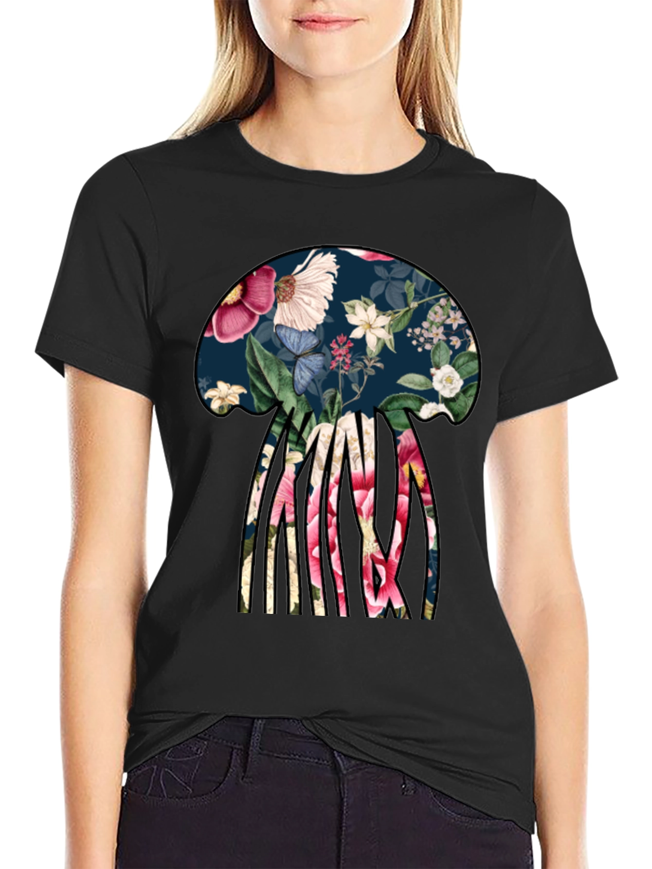 Black Floral Jellyfish Graphic Tee - Black Cotton T-Shirt view 2