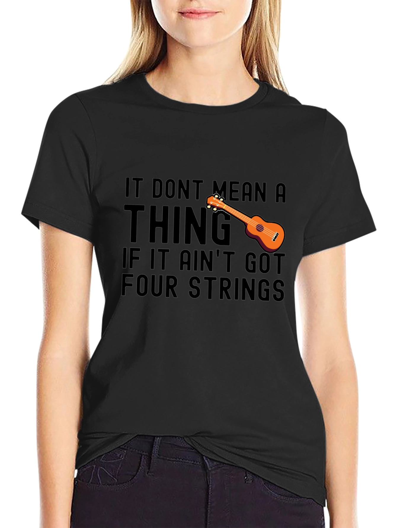 Black Ukulele T-Shirt: It Don't Mean a Thing, Four Strings view 2