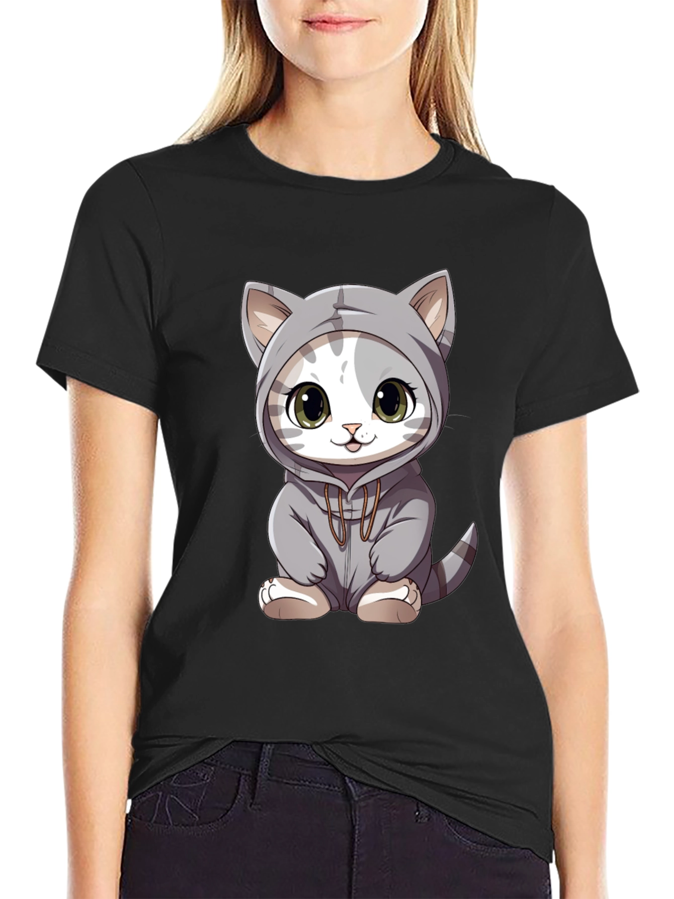 Black Cute Cat Hoodie T-Shirt view 2