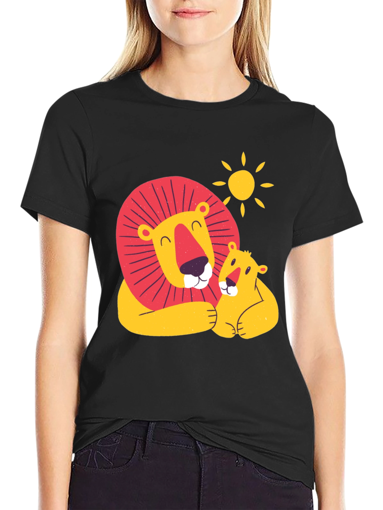 Black Cute Lion & Cub Graphic Black T-Shirt view 2