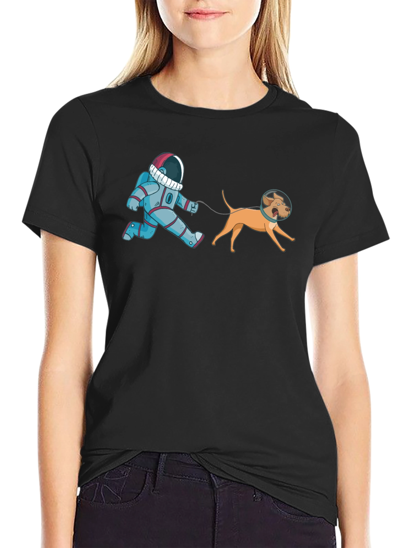 Black Astronaut Dog Walk T-Shirt - Space Adventure Tee view 2