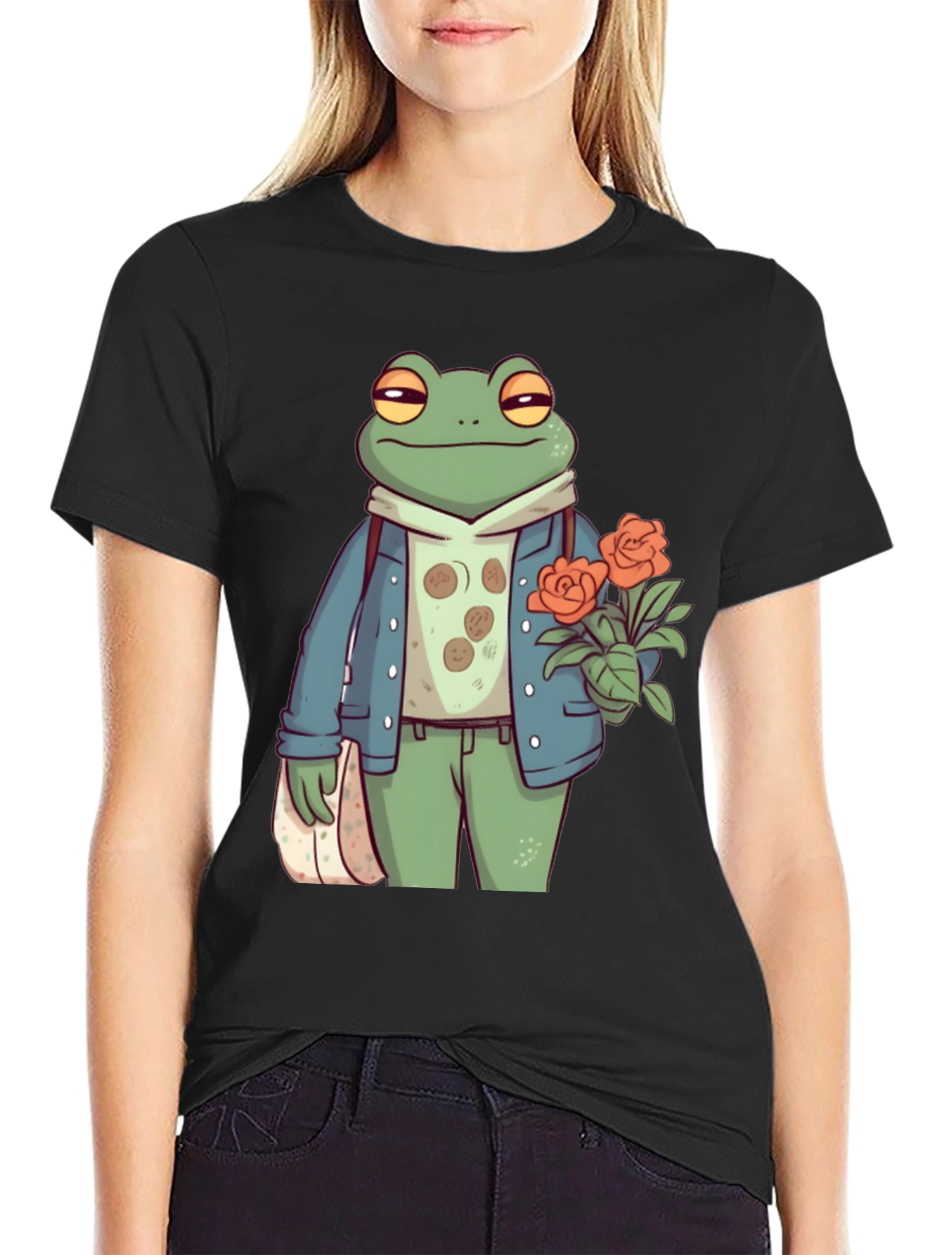 Black Stylish Frog with Flowers Graphic Tee view 2
