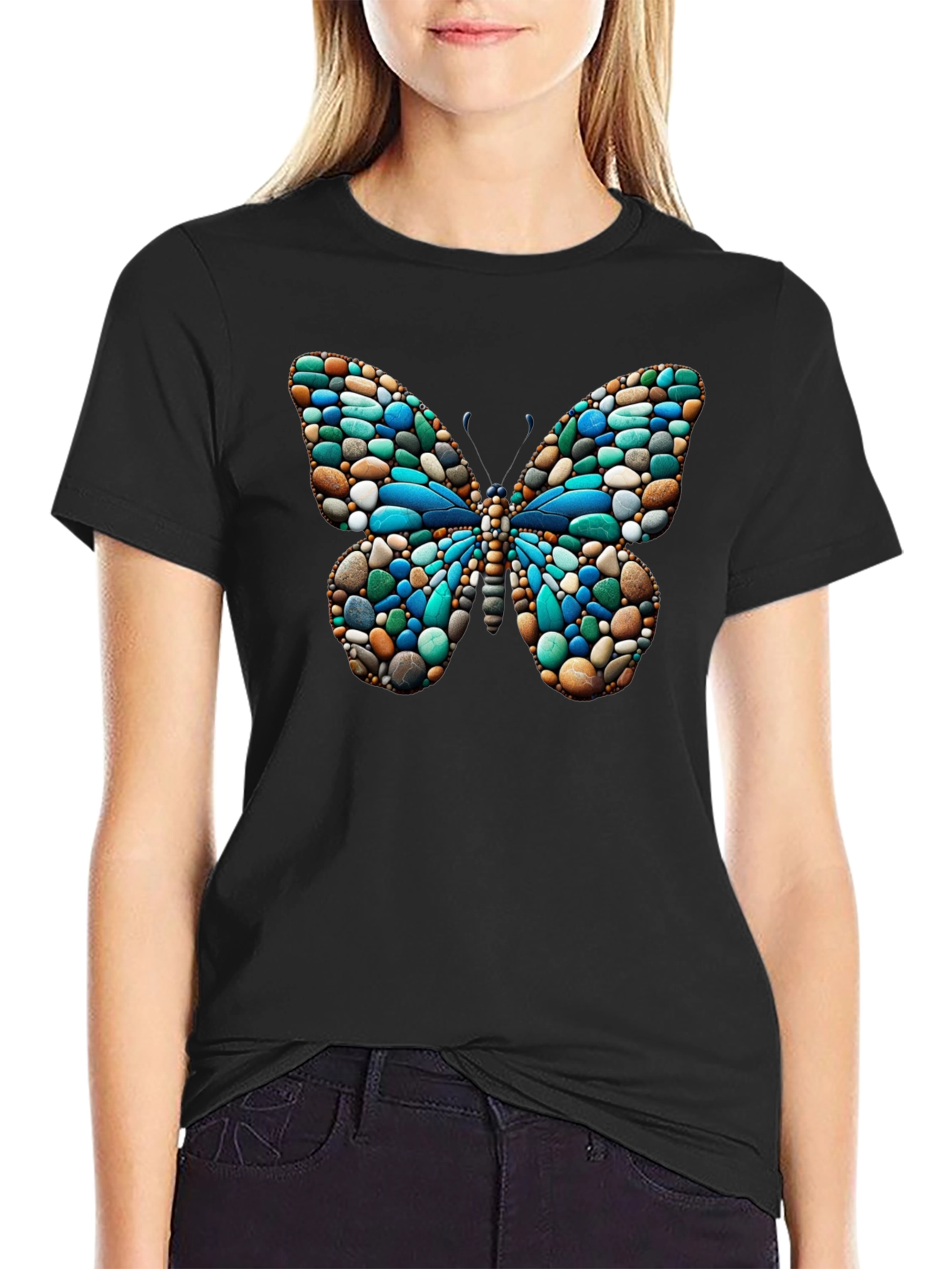 Black Butterfly Stone Pattern Black T-Shirt view 2