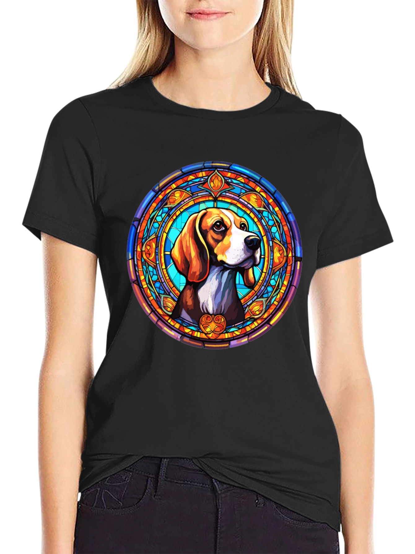 Black Stained Glass Beagle Dog Graphic T-Shirt view 2
