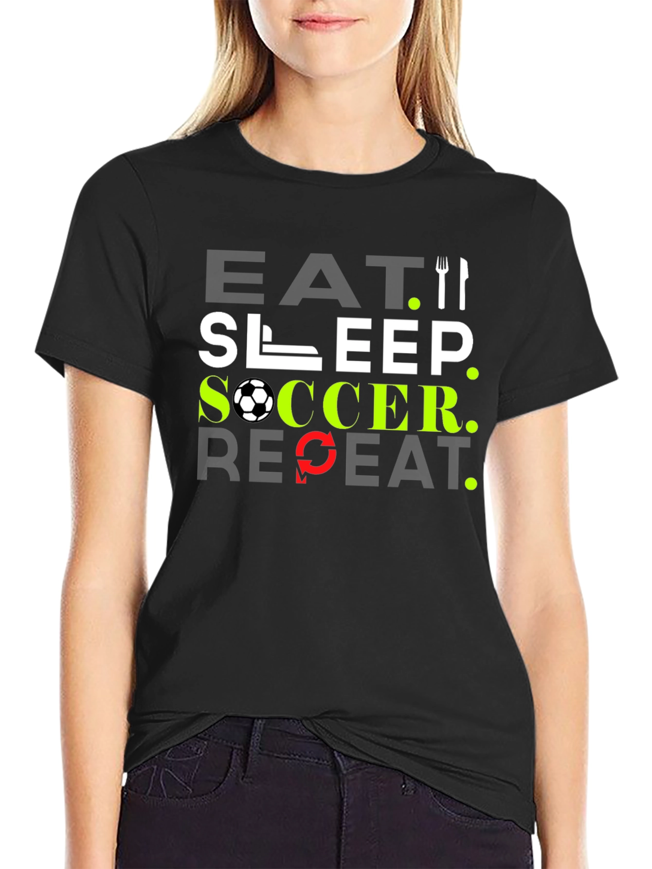 Black Eat Sleep Soccer Repeat Black T-Shirt view 2