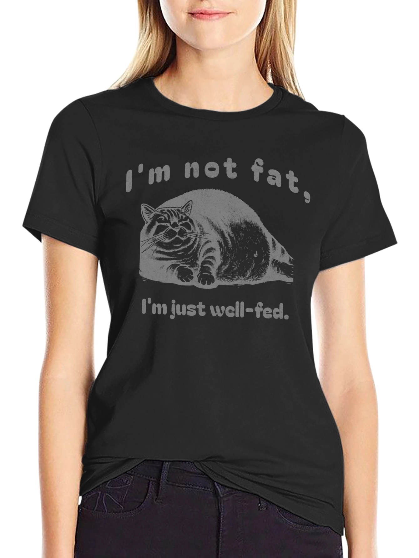 Black Funny Cat T-Shirt - I'm Not Fat, Well-Fed view 2