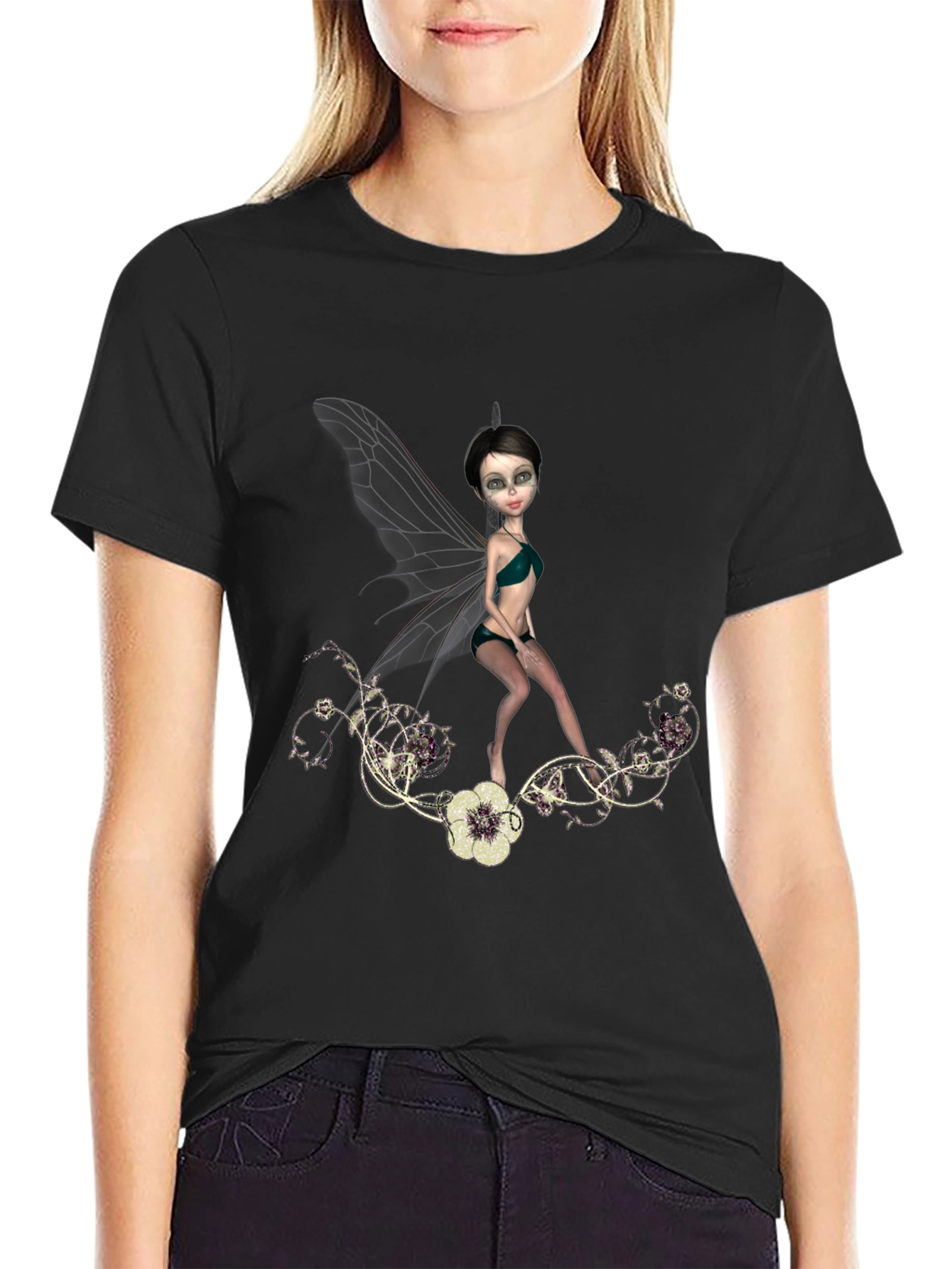 Black Fairy Graphic T-Shirt - Fantasy Art Tee view 2