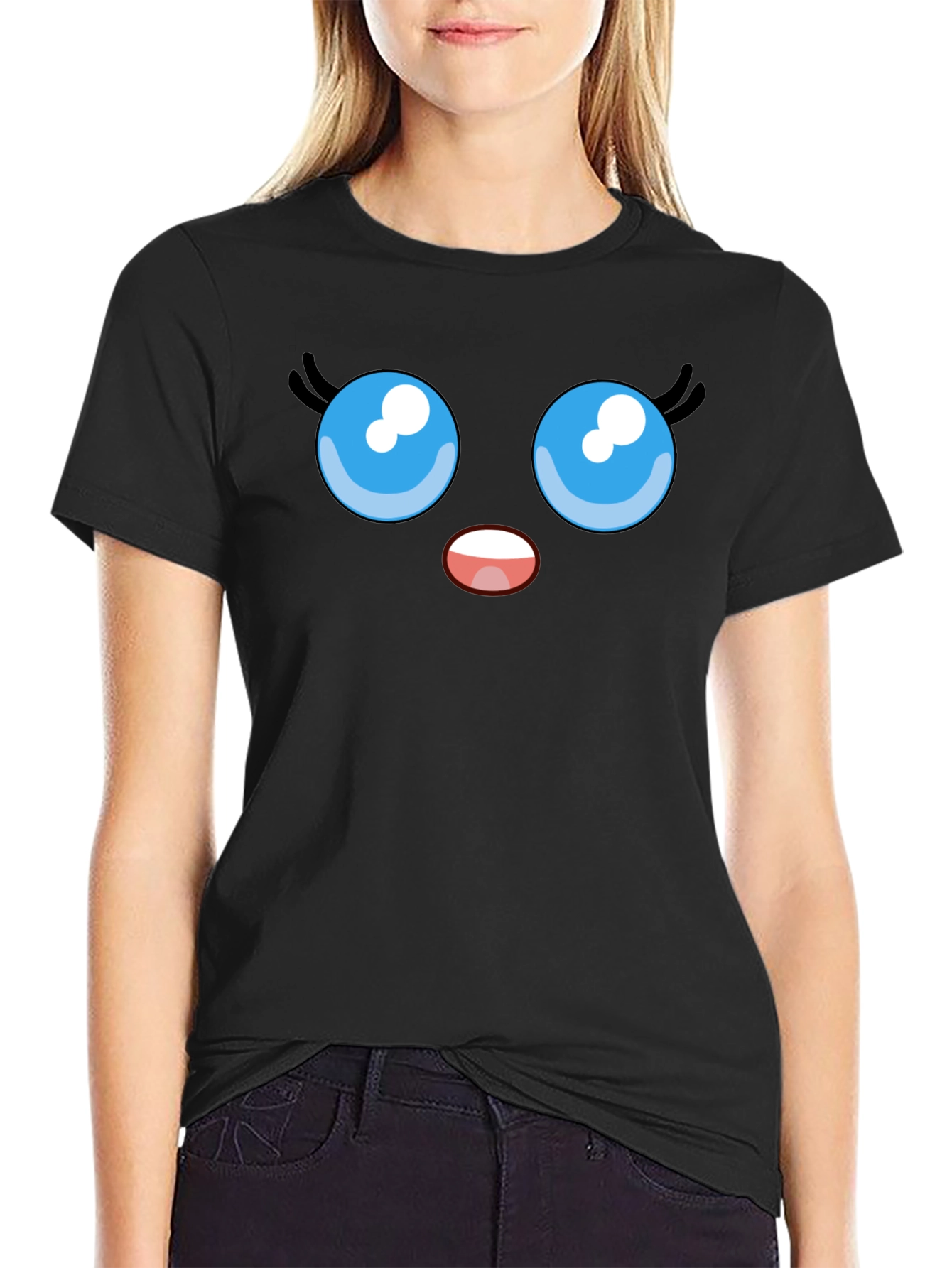 Black Cute Cartoon Face Graphic Tee view 2