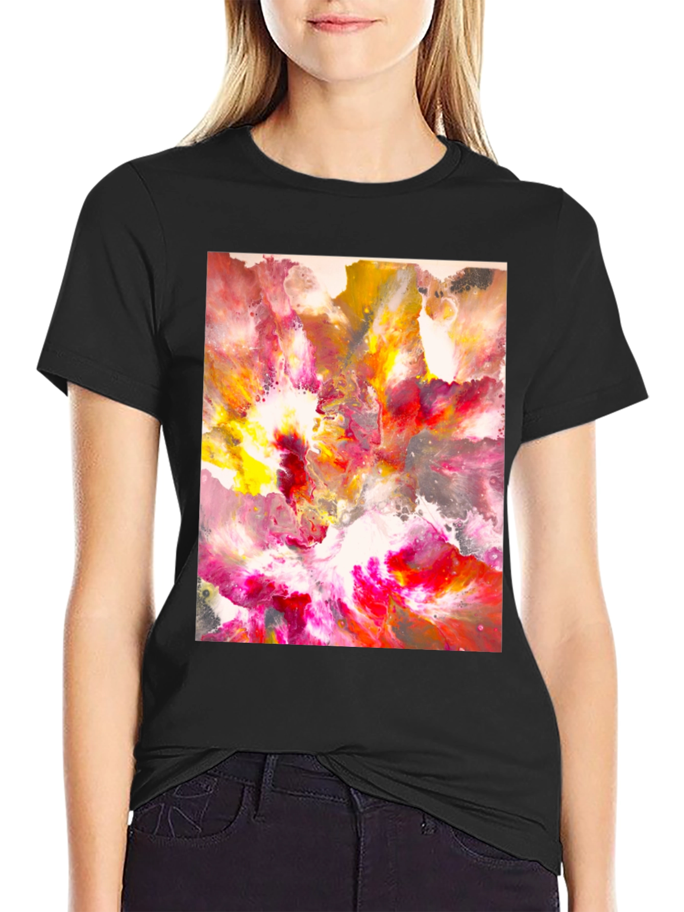 Black Abstract Art Tee - Vibrant Colors, Unique Design view 2