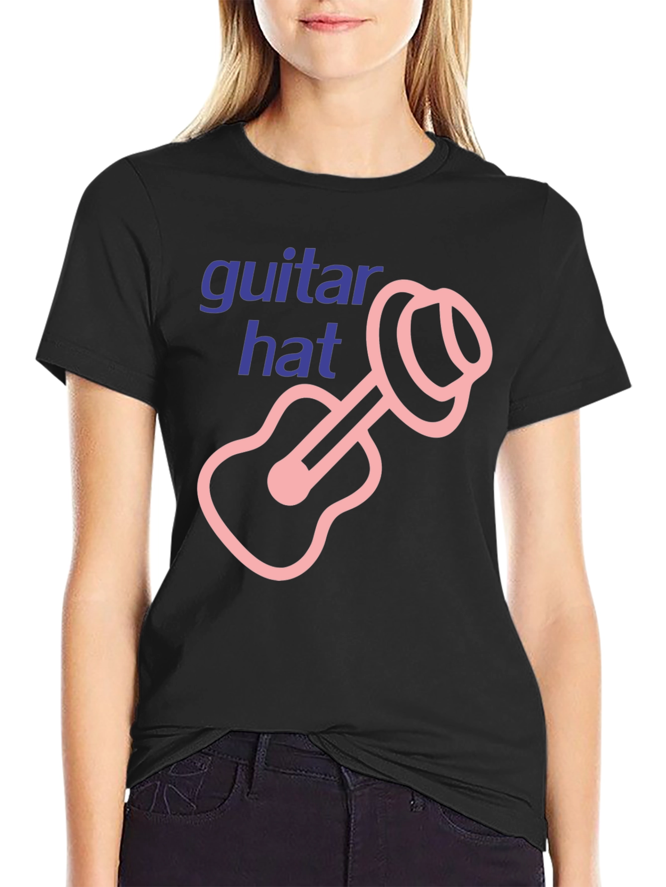 Black Guitar Hat Graphic Tee - Black Cotton T-Shirt view 2