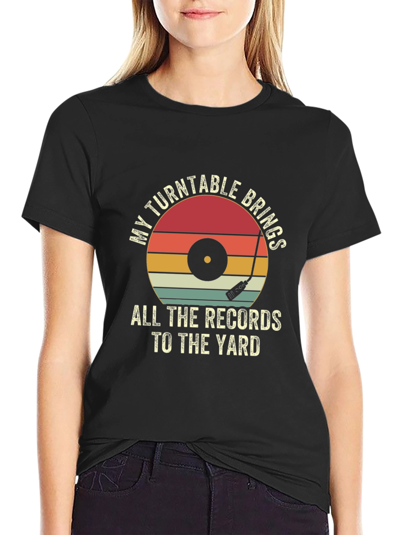 Black Retro Turntable Music T-Shirt view 2