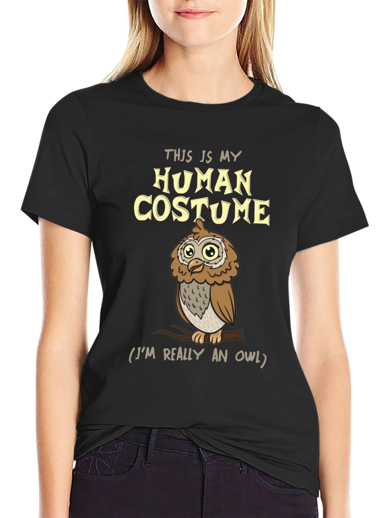Black Human Costume Owl T-Shirt - Funny Halloween Tee view 2
