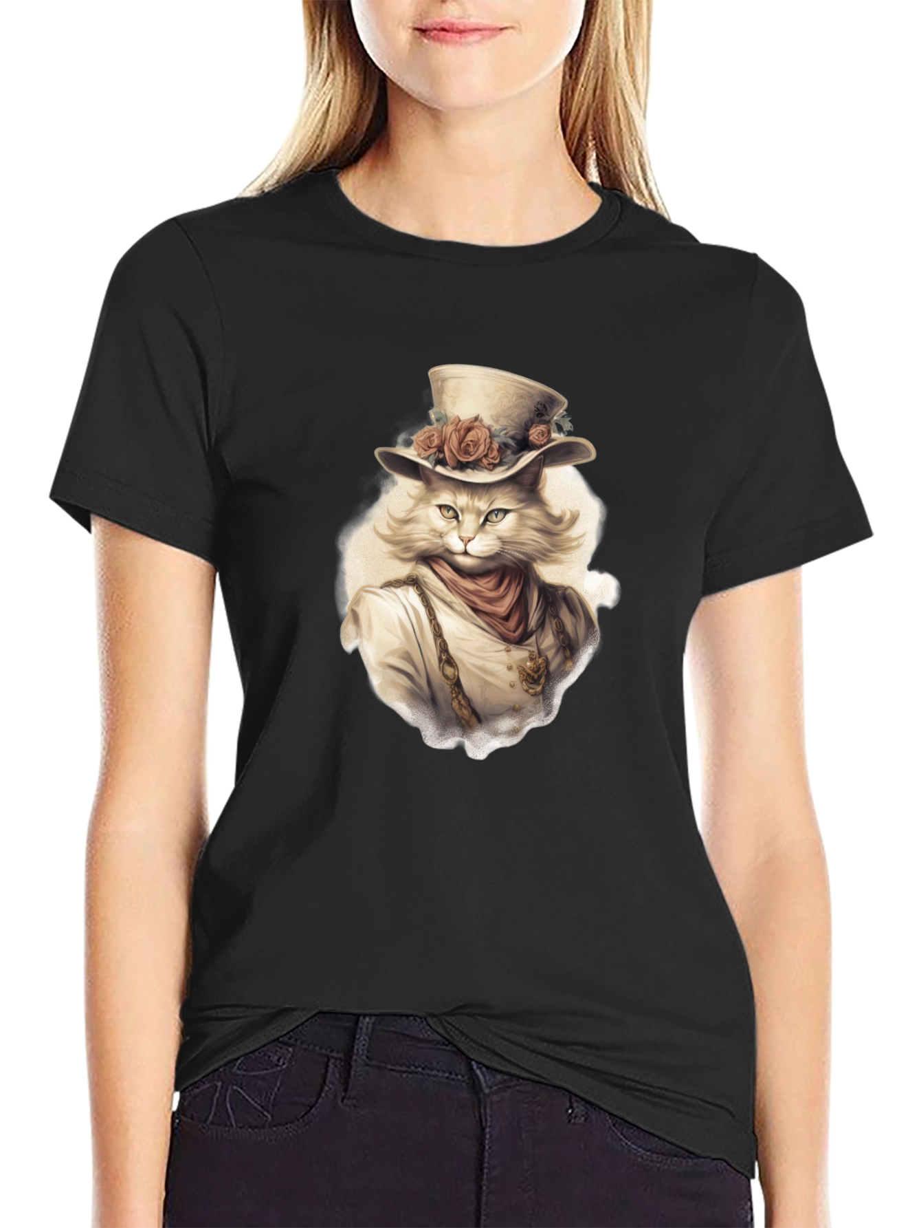 Black Steampunk Cat Graphic Tee - Unique Design view 2
