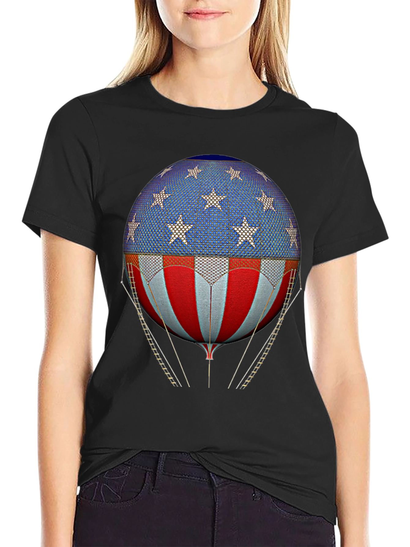 Black American Flag Hot Air Balloon Graphic Tee view 2