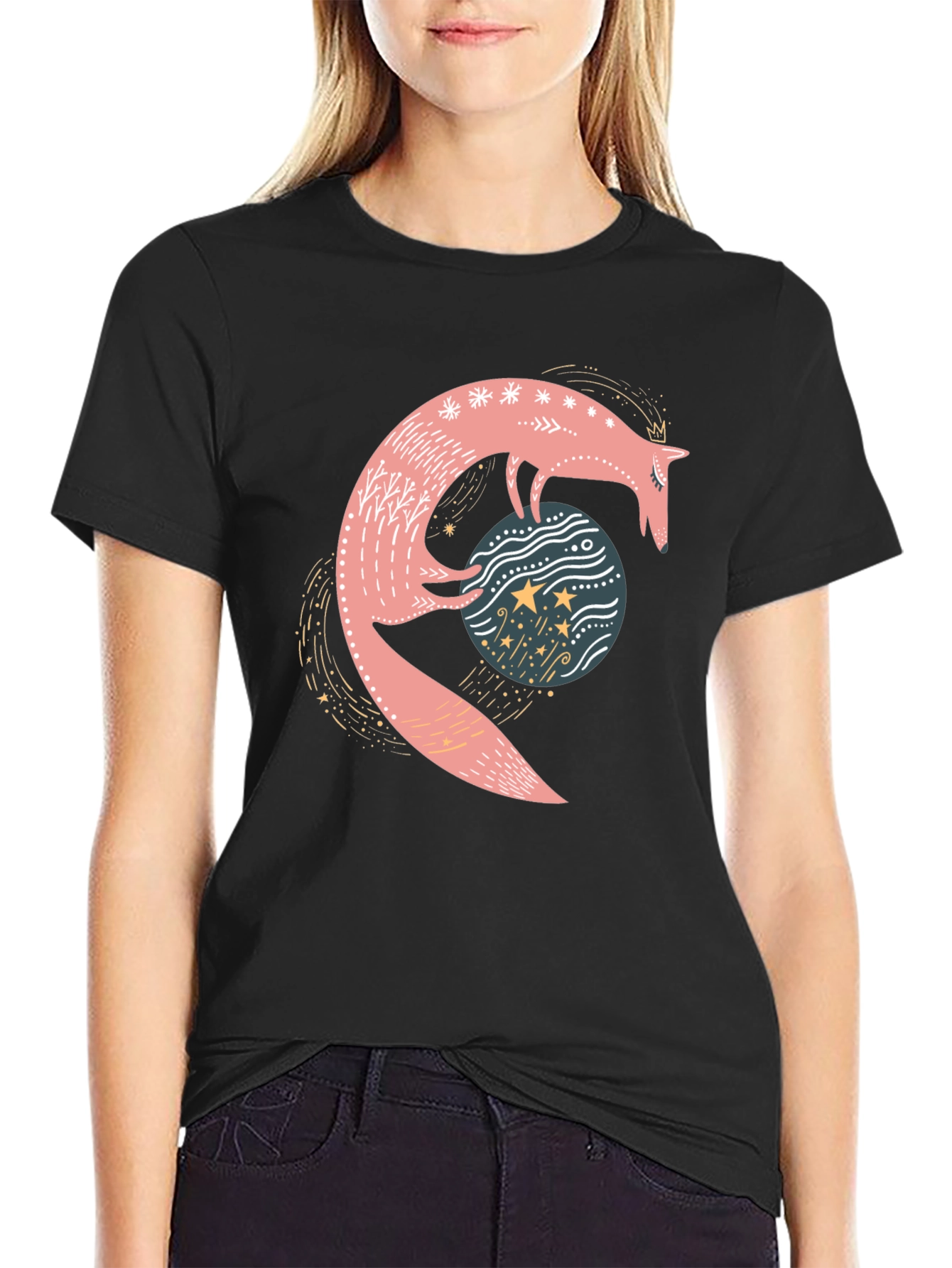 Black Whimsical Fox & Planet Black T-Shirt view 2