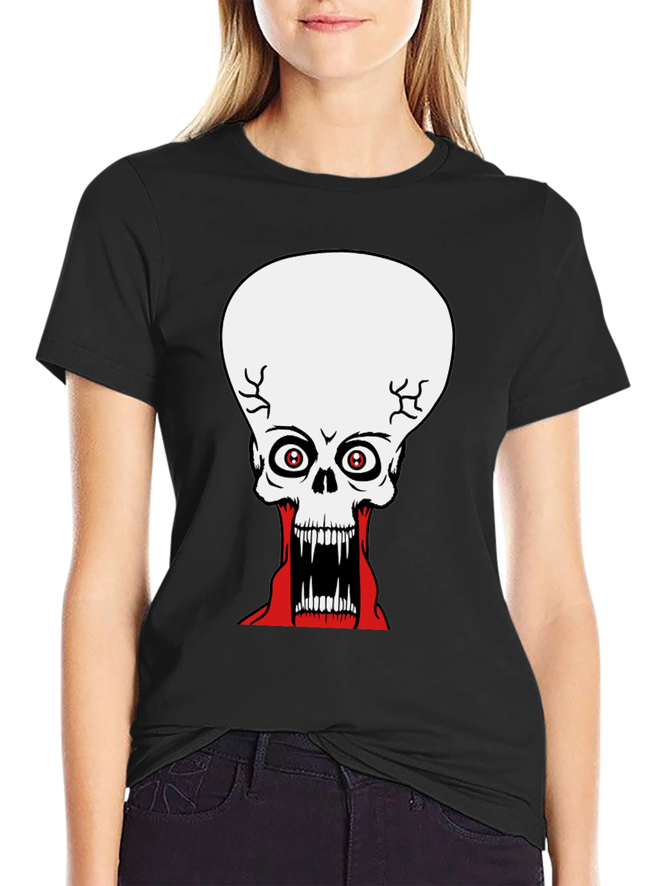 Black Creepy Skull Graphic Print Black T-Shirt view 2
