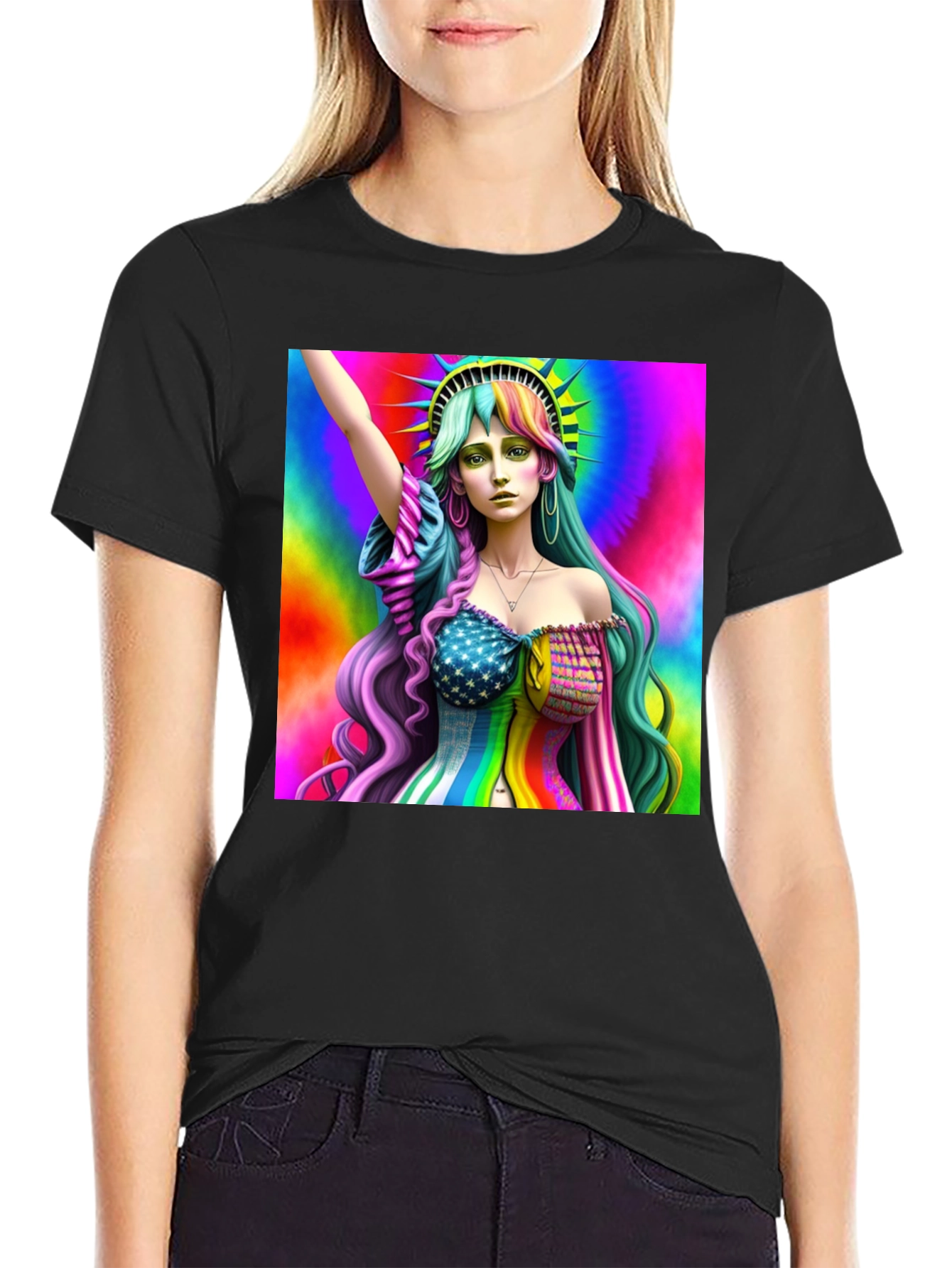 Black Statue of Liberty Rainbow Graphic Tee view 2