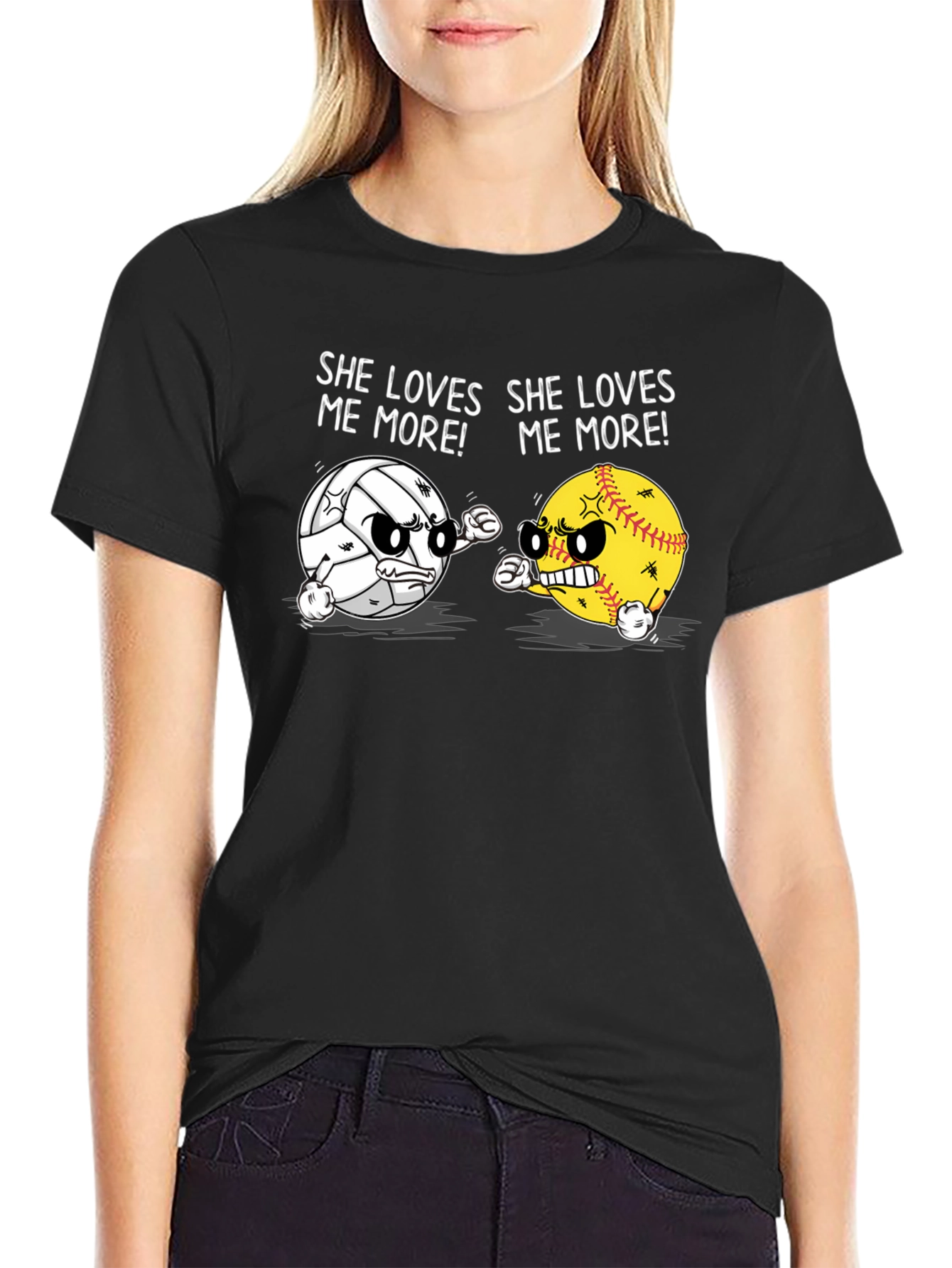 Black She Loves Me More T-Shirt: Volleyball vs Softball Funny Tee view 2