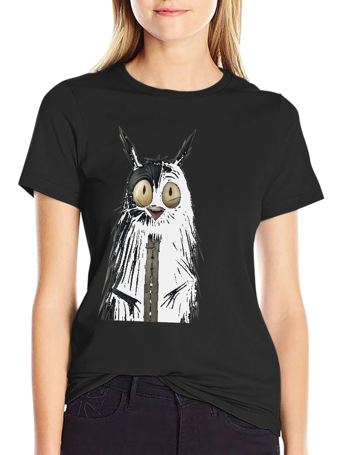 Black Whimsical Cat Graphic Tee - Unisex Black T-Shirt view 2