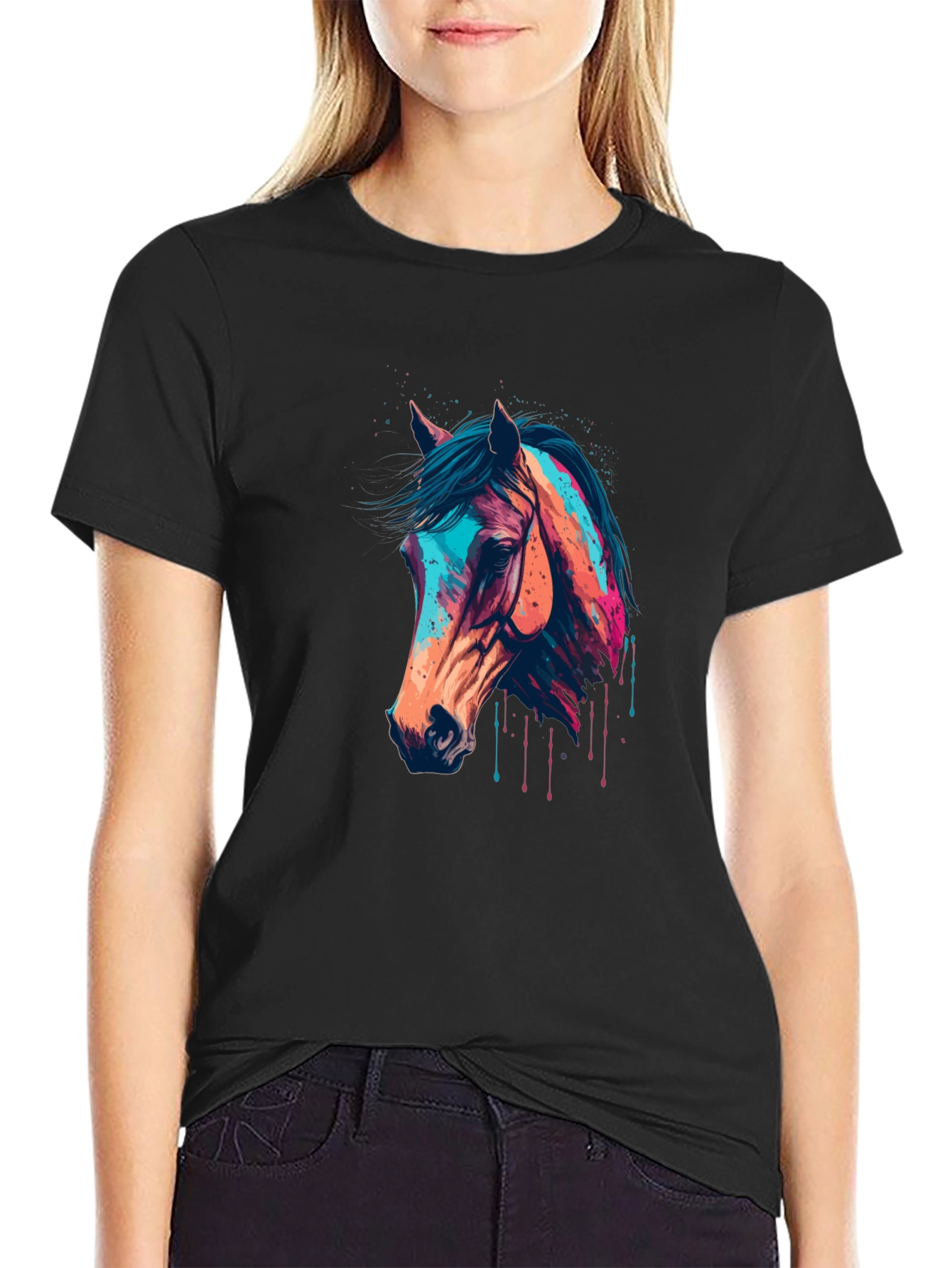 Black Horse Graphic Tee - Colorful Animal Print view 2