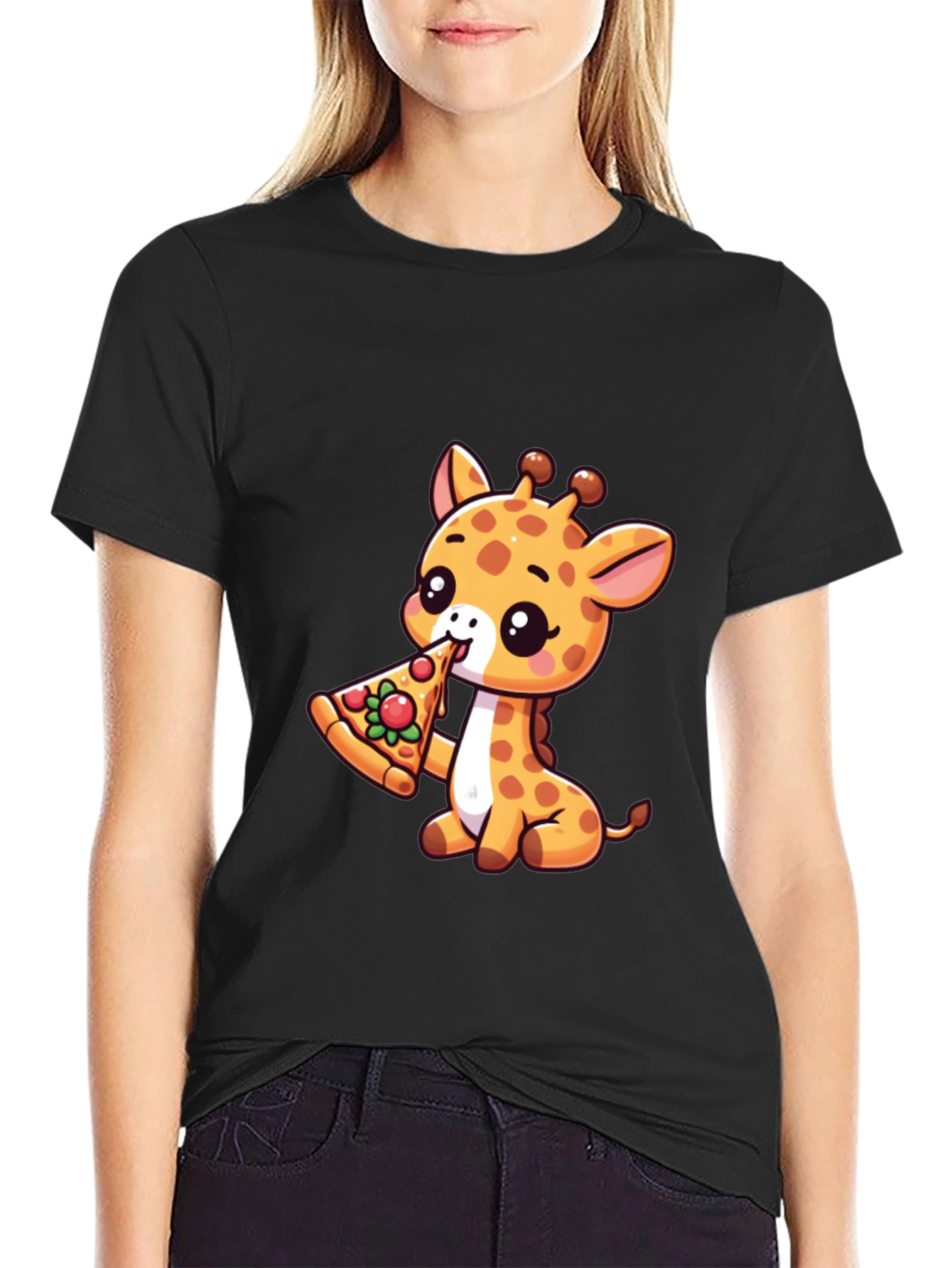 Black Cute Giraffe Pizza Lover T-Shirt view 2