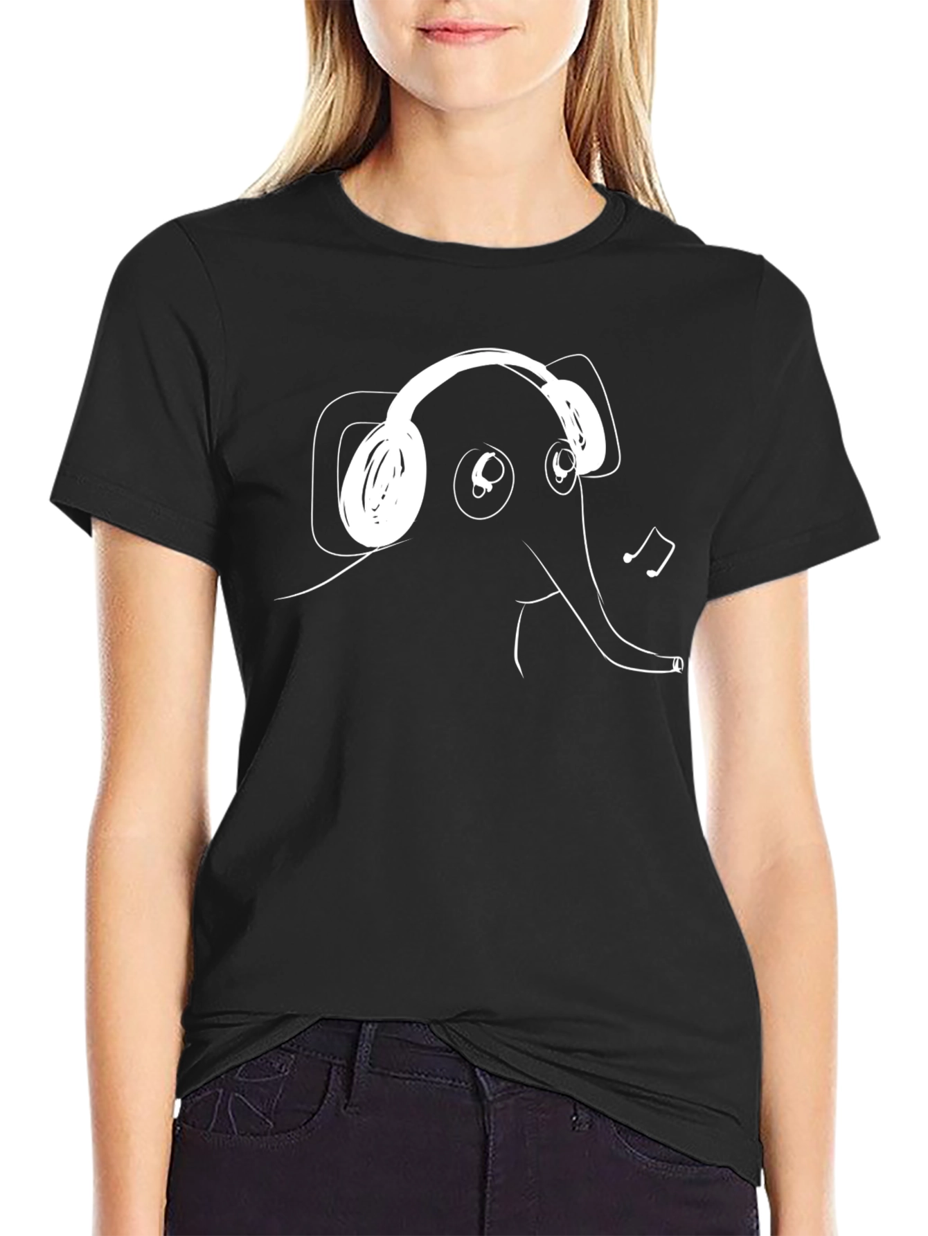Black Elephant Wearing Headphones Black T-Shirt view 2
