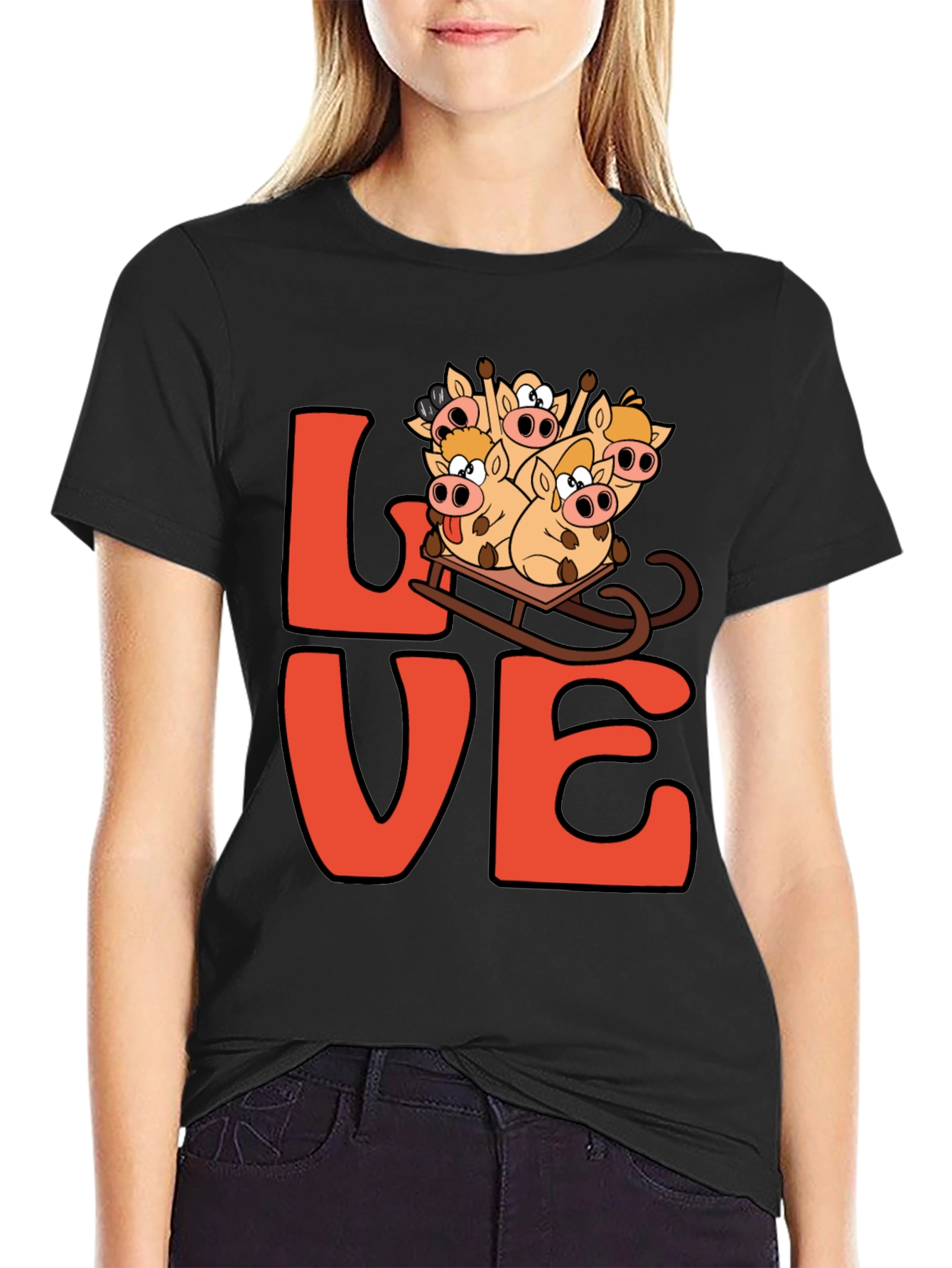 Black Love Pig Sled Black T-Shirt view 2