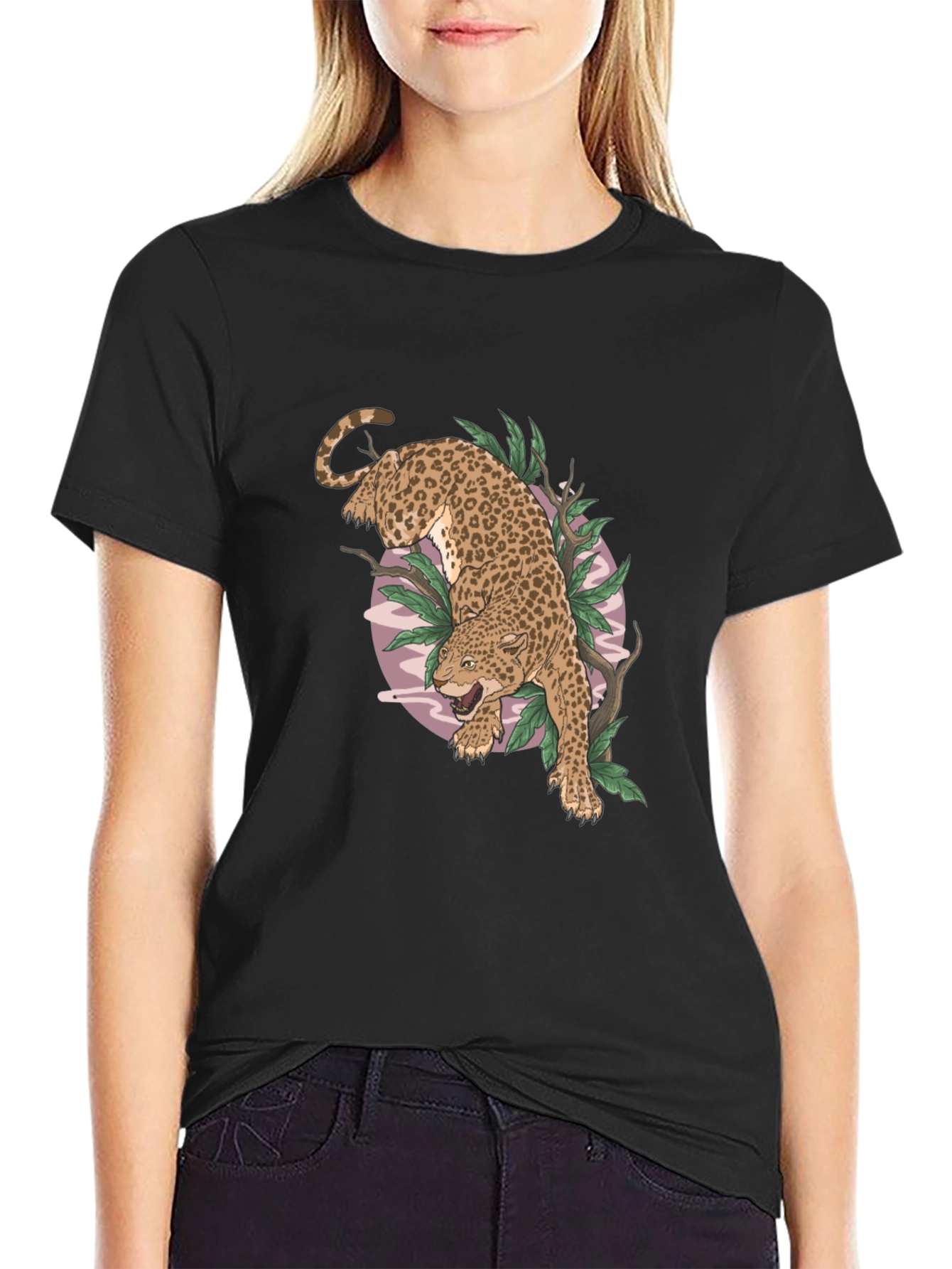 Black Leopard Graphic Print Black T-Shirt view 2