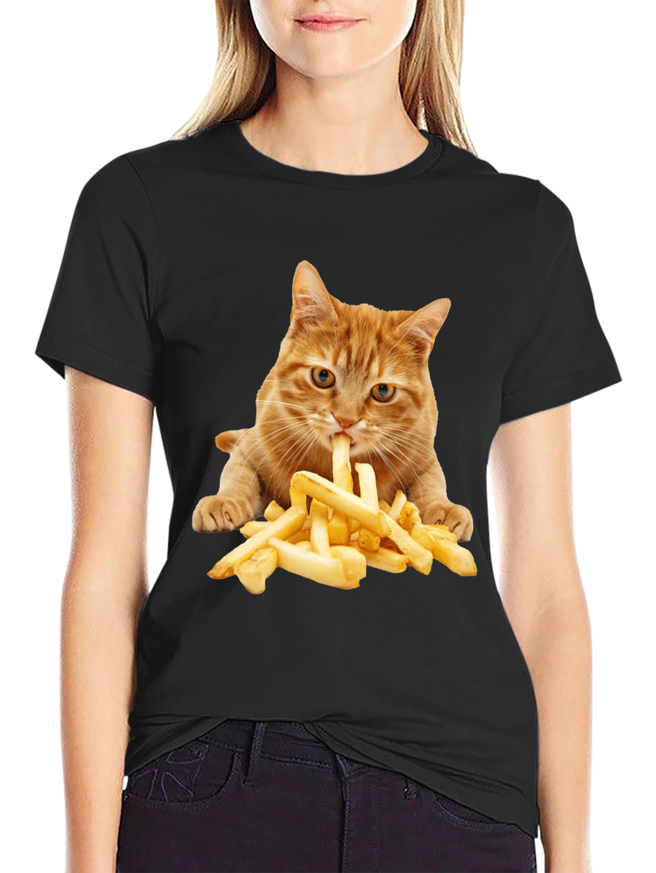 Black Cat Eating Fries Graphic Tee - Unisex T-Shirt view 2