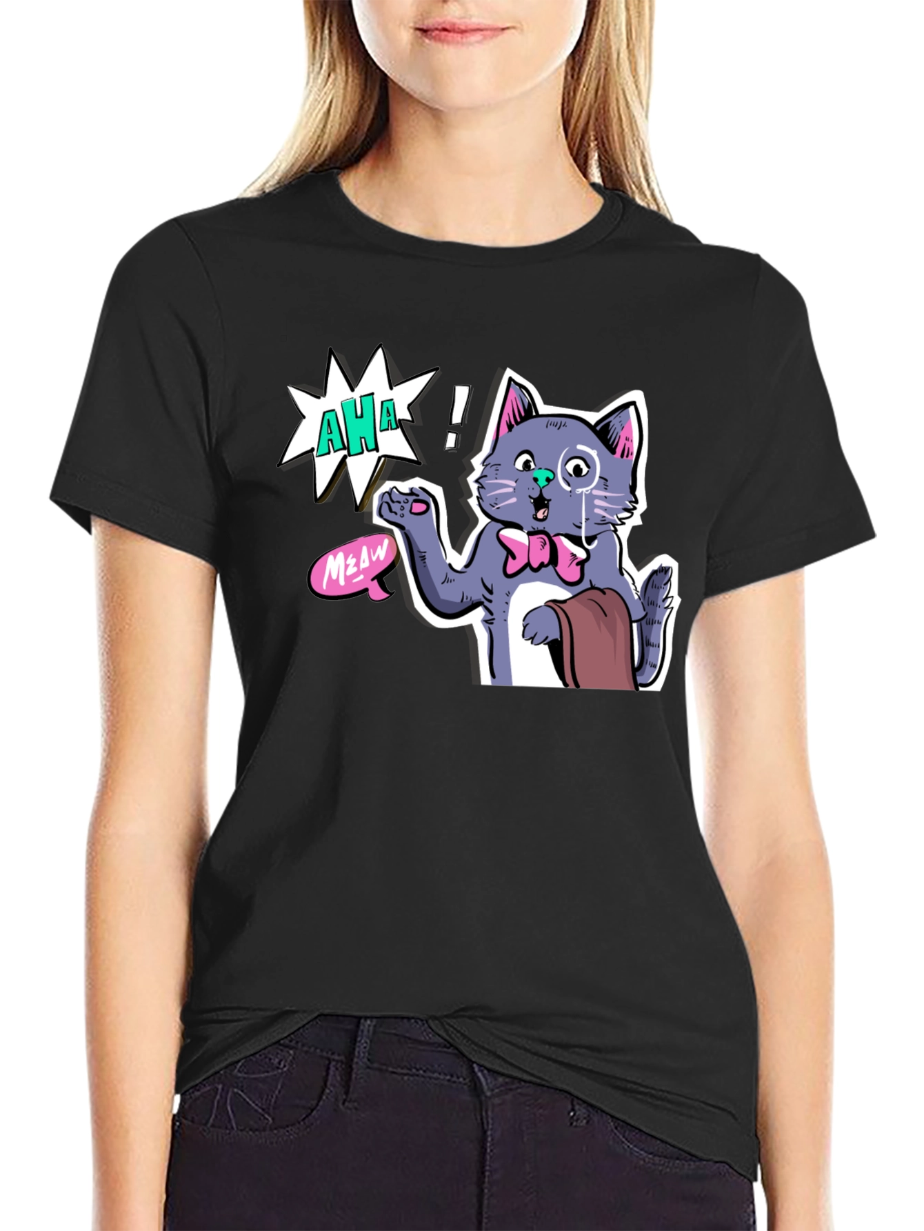 Black AHA! Monocled Cat Tee - Quirky Cartoon Style view 2
