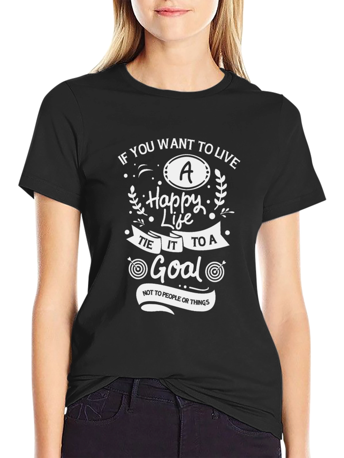 Black Motivational T-Shirt: Live a Happy Life, Set a Goal view 2