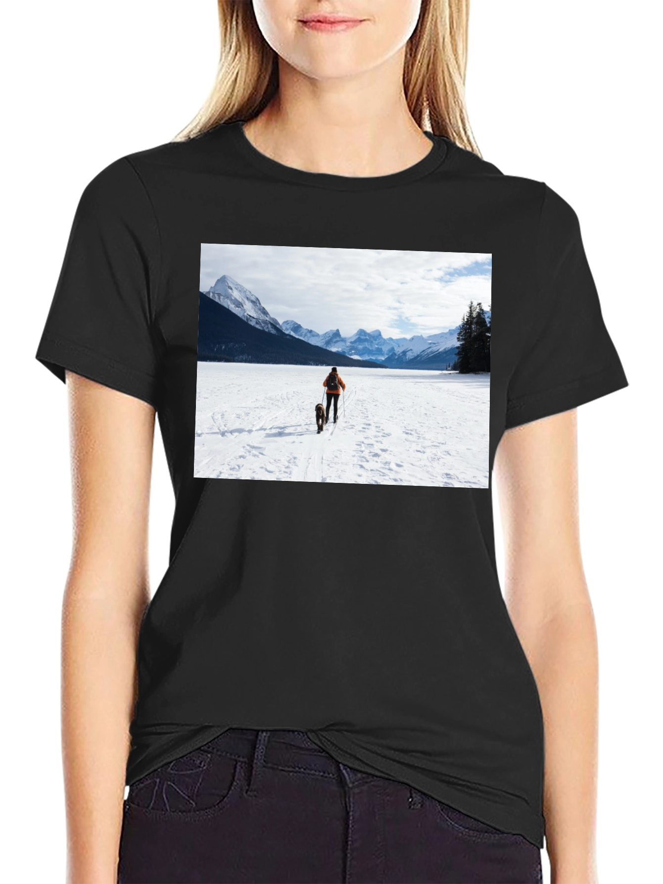 Black Winter Adventure T-Shirt: Skier & Dog Graphic Tee view 2